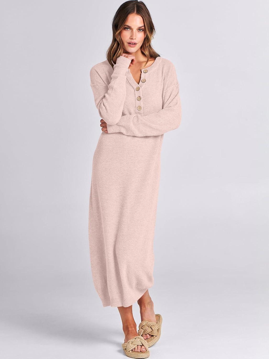 imageANRABESS Women Long Sleeve Button V Neck Oversized Casual Loose Fit Waffle Knit Fall Midi Sweater Dress 2025 Trendy OutfitsLight Pink