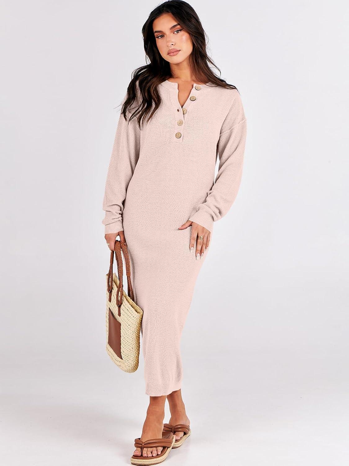 imageANRABESS Women Long Sleeve Button V Neck Oversized Casual Loose Fit Waffle Knit Fall Midi Sweater Dress 2025 Trendy OutfitsLight Pink