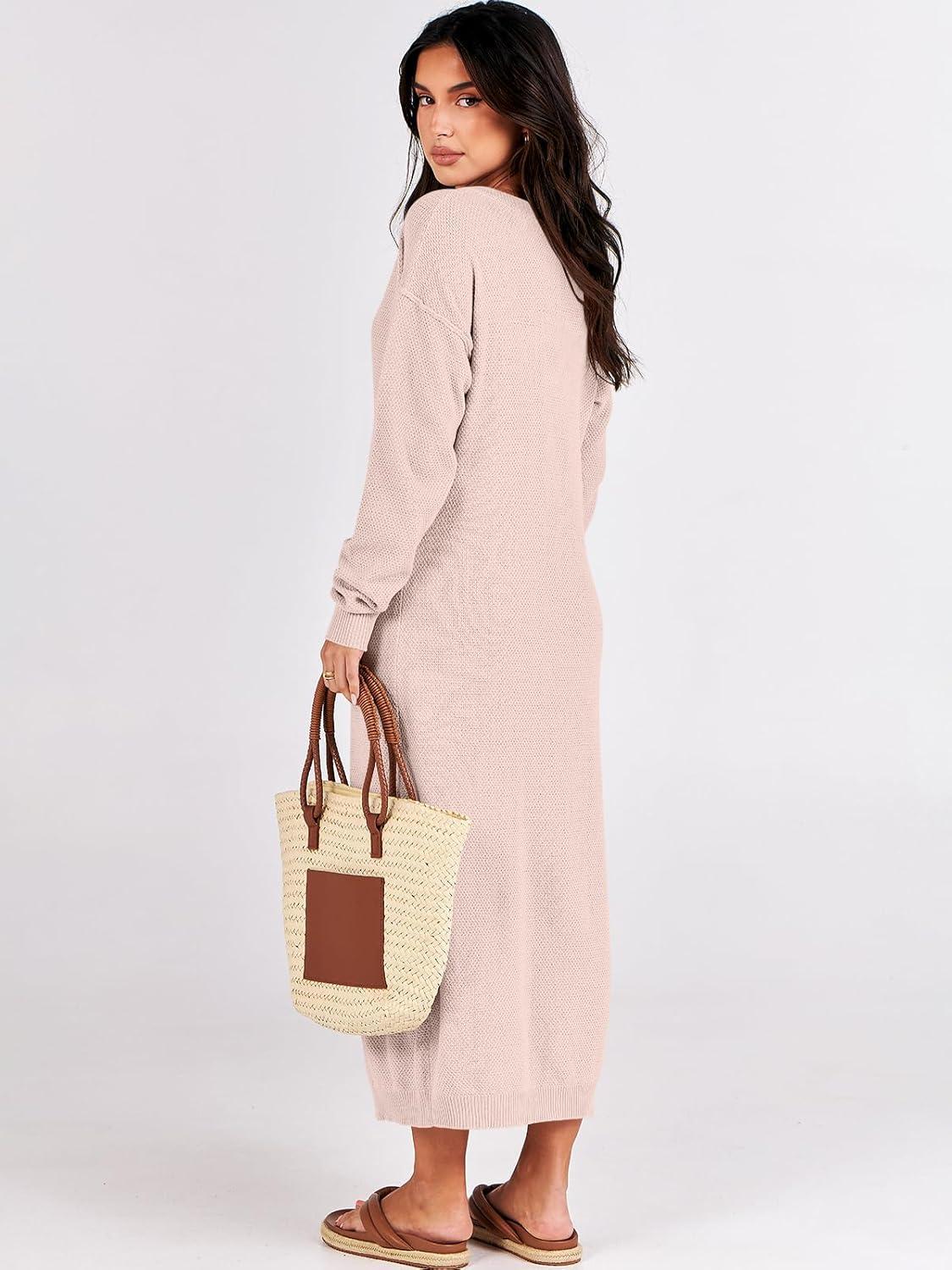 imageANRABESS Women Long Sleeve Button V Neck Oversized Casual Loose Fit Waffle Knit Fall Midi Sweater Dress 2025 Trendy OutfitsLight Pink
