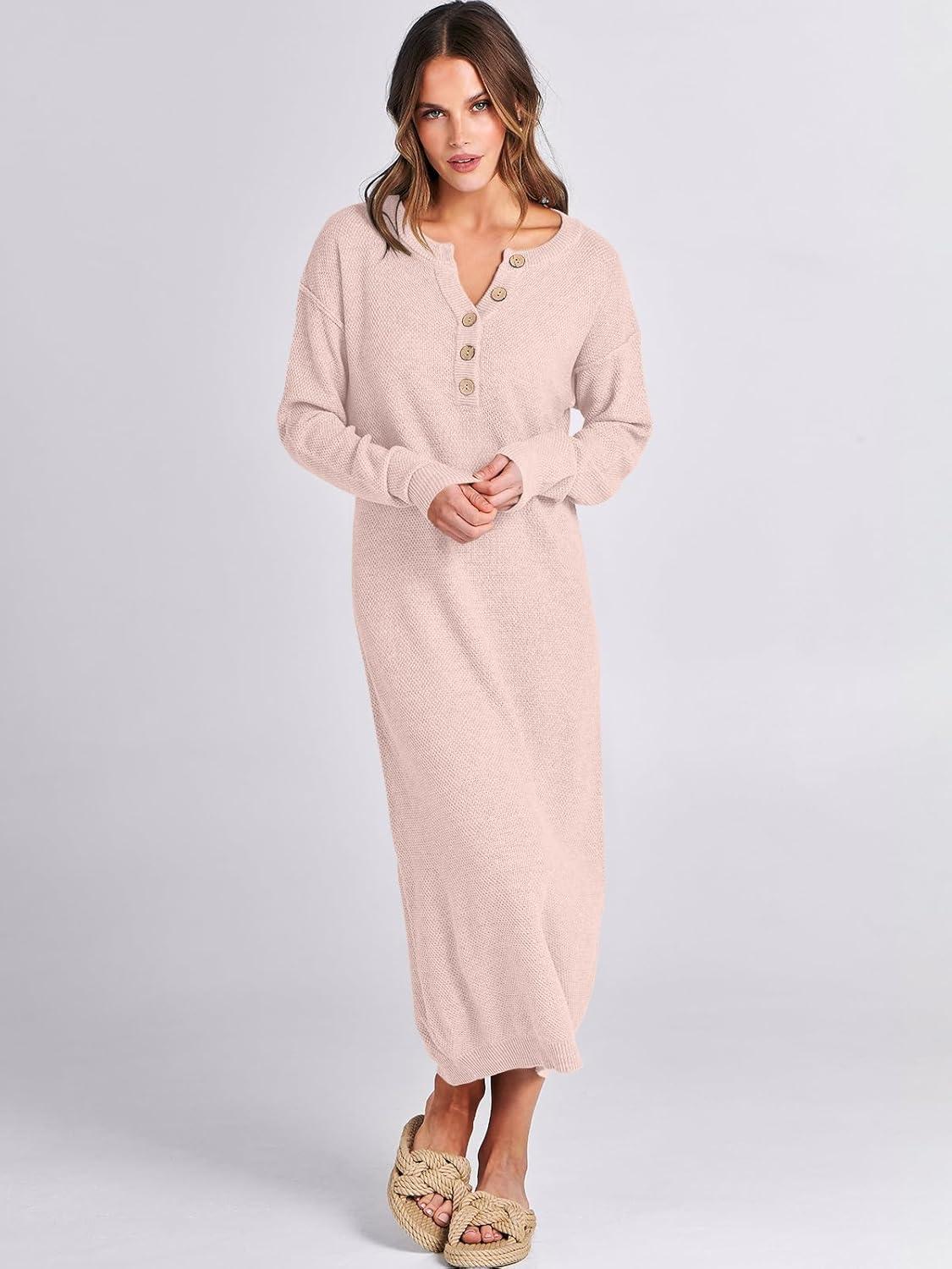 imageANRABESS Women Long Sleeve Button V Neck Oversized Casual Loose Fit Waffle Knit Fall Midi Sweater Dress 2025 Trendy OutfitsLight Pink