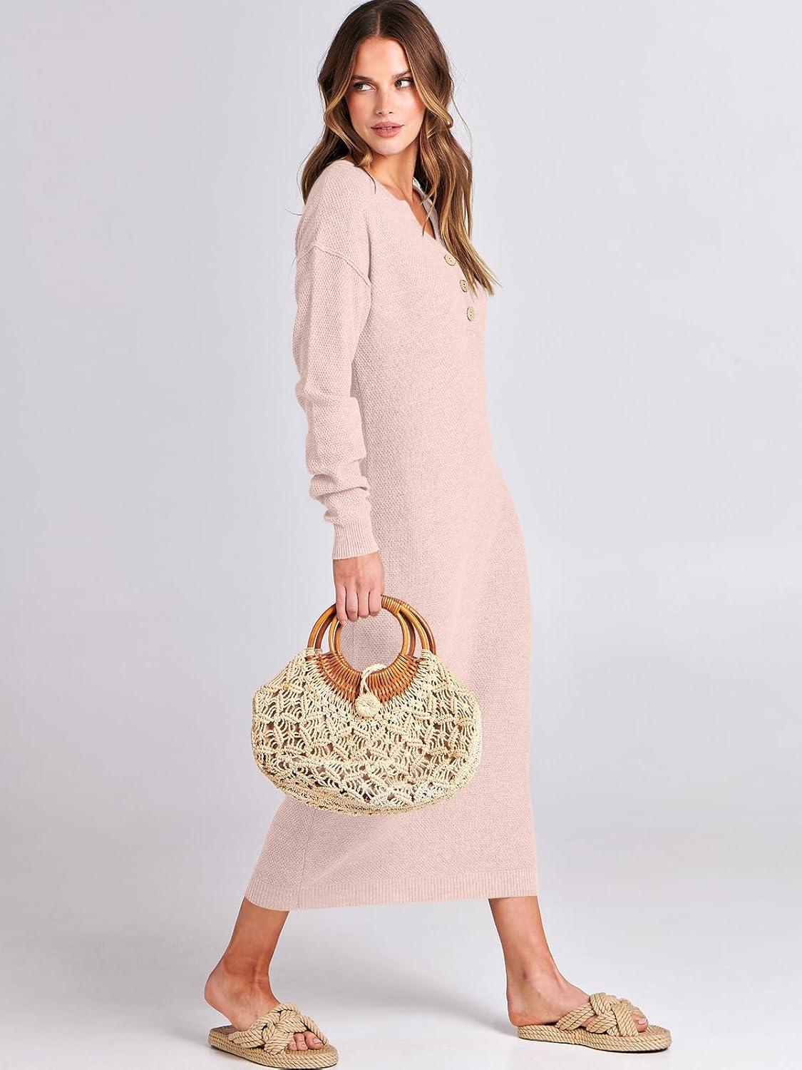 imageANRABESS Women Long Sleeve Button V Neck Oversized Casual Loose Fit Waffle Knit Fall Midi Sweater Dress 2025 Trendy OutfitsLight Pink