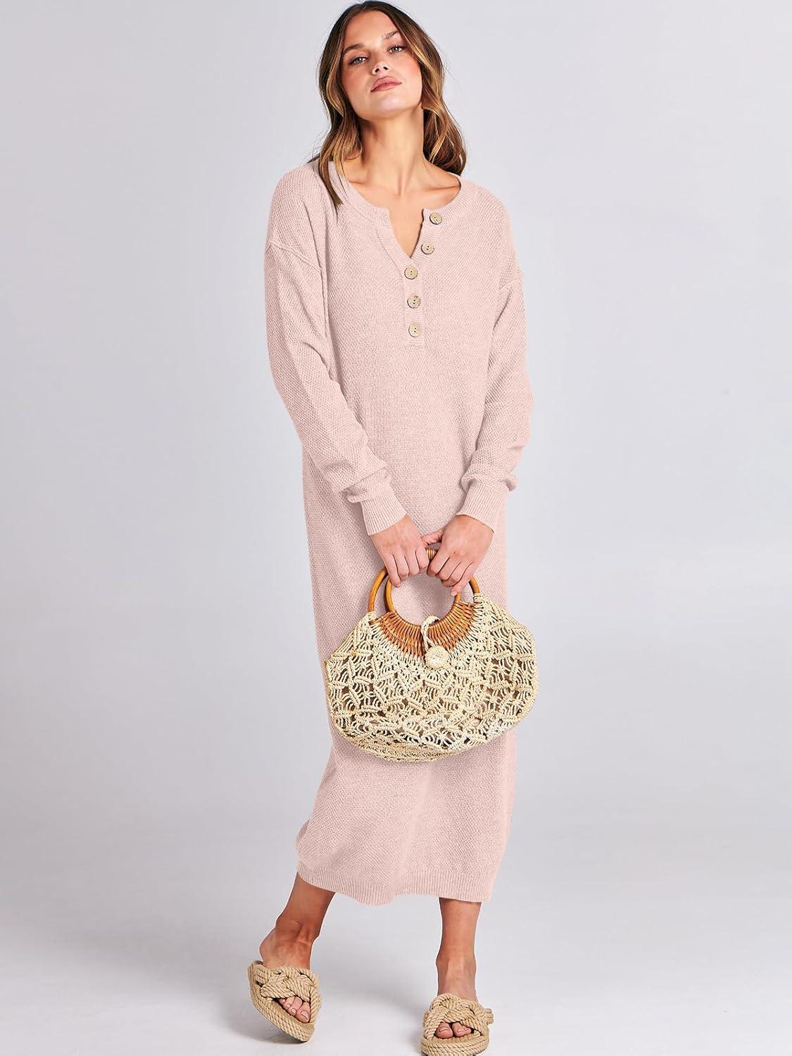 imageANRABESS Women Long Sleeve Button V Neck Oversized Casual Loose Fit Waffle Knit Fall Midi Sweater Dress 2025 Trendy OutfitsLight Pink