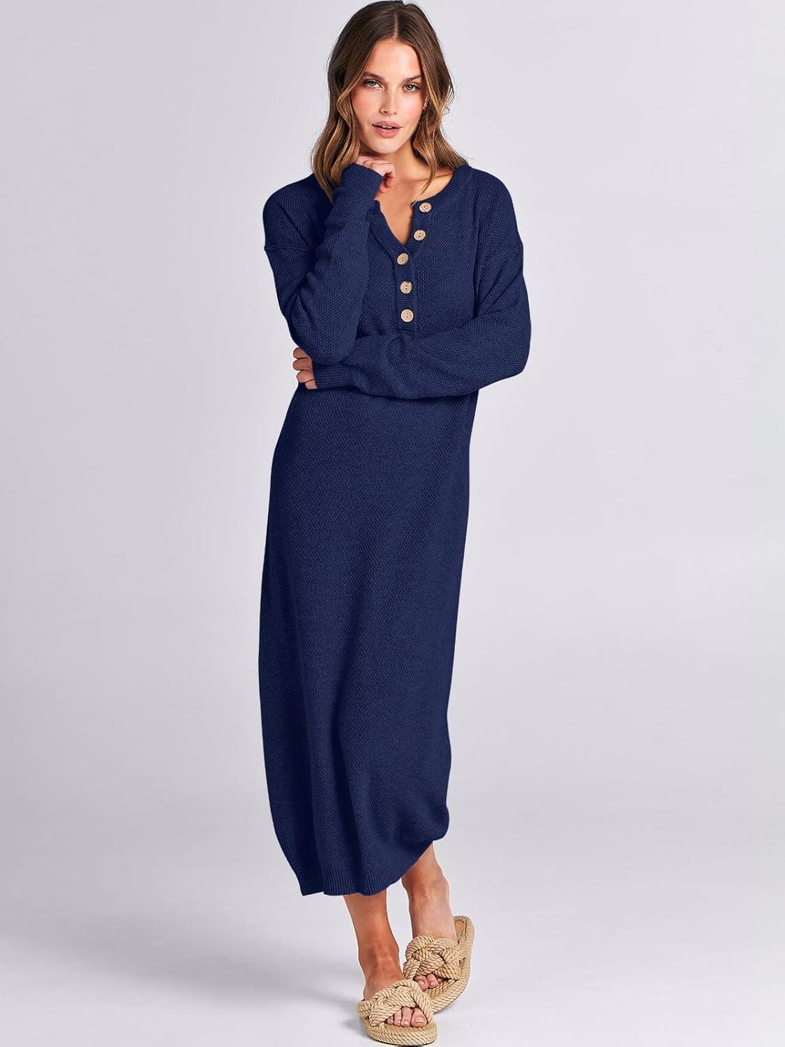 imageANRABESS Women Long Sleeve Button V Neck Oversized Casual Loose Fit Waffle Knit Fall Midi Sweater Dress 2025 Trendy OutfitsNavy Blue