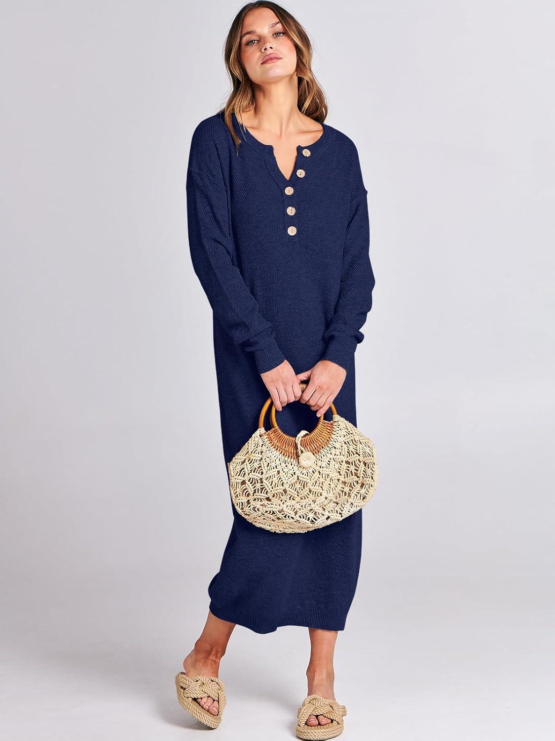 imageANRABESS Women Long Sleeve Button V Neck Oversized Casual Loose Fit Waffle Knit Fall Midi Sweater Dress 2025 Trendy OutfitsNavy Blue