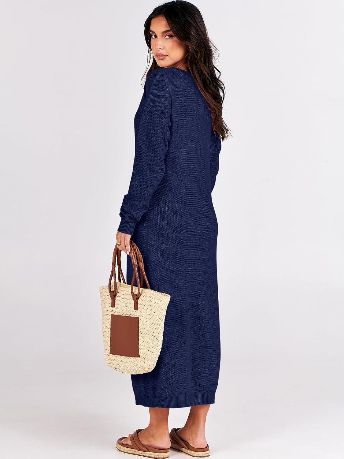 imageANRABESS Women Long Sleeve Button V Neck Oversized Casual Loose Fit Waffle Knit Fall Midi Sweater Dress 2025 Trendy OutfitsNavy Blue