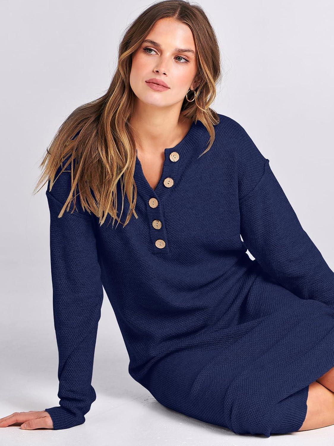 imageANRABESS Women Long Sleeve Button V Neck Oversized Casual Loose Fit Waffle Knit Fall Midi Sweater Dress 2025 Trendy OutfitsNavy Blue