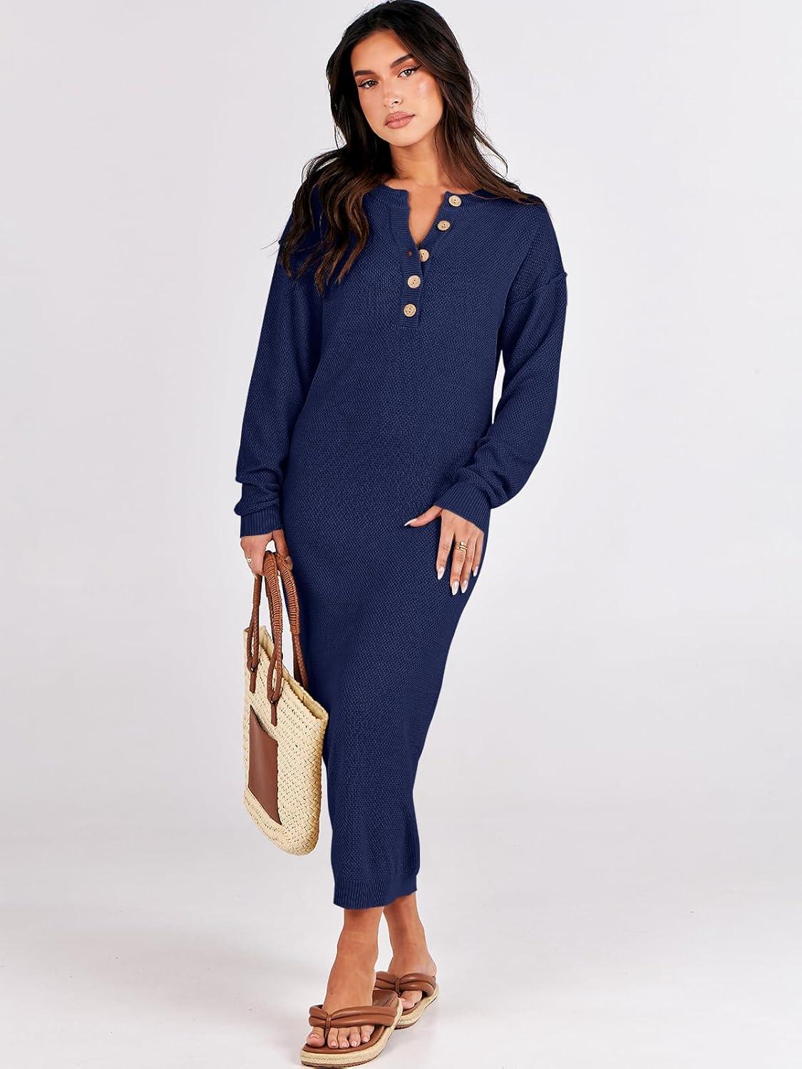 imageANRABESS Women Long Sleeve Button V Neck Oversized Casual Loose Fit Waffle Knit Fall Midi Sweater Dress 2025 Trendy OutfitsNavy Blue