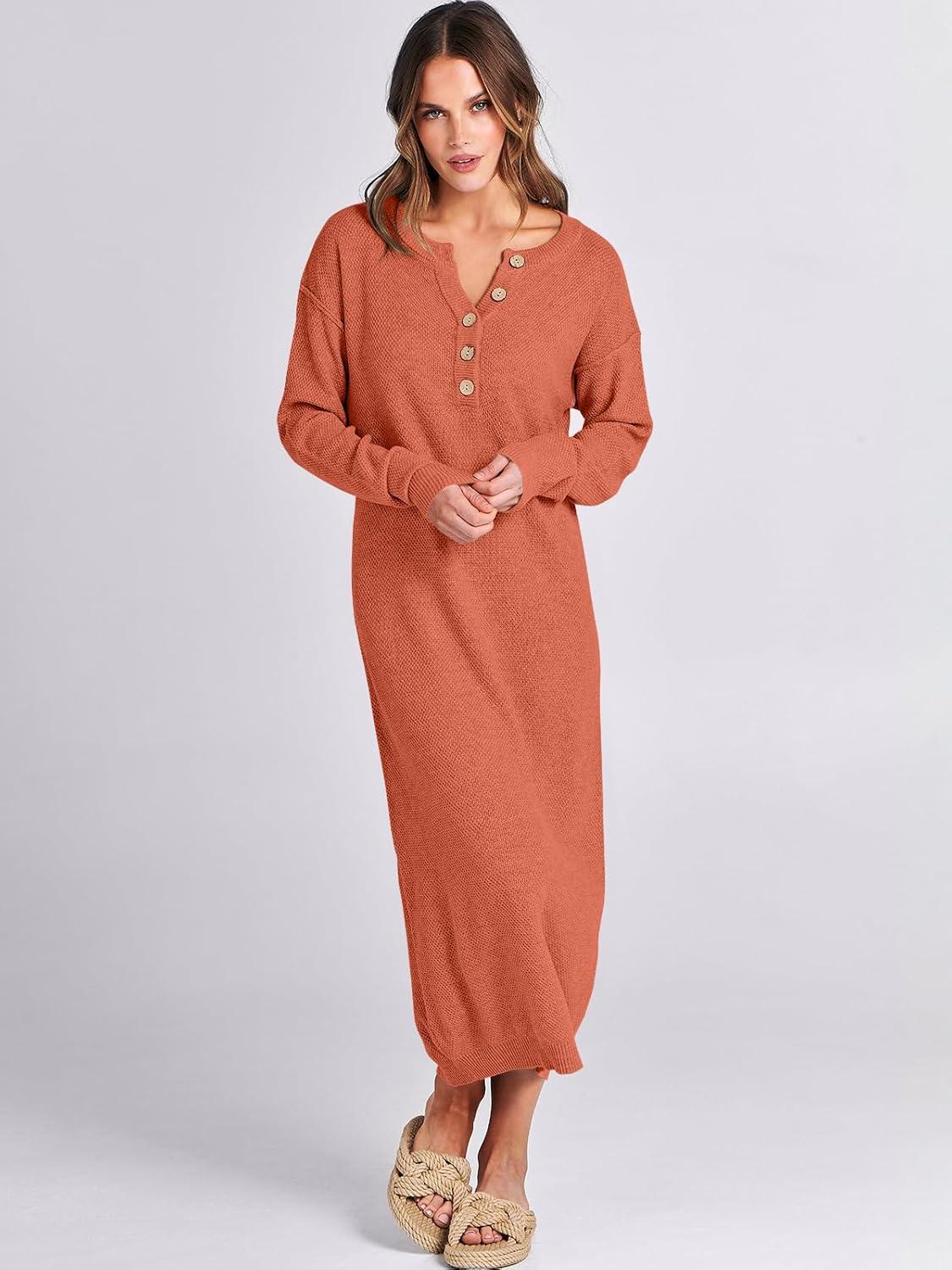 imageANRABESS Women Long Sleeve Button V Neck Oversized Casual Loose Fit Waffle Knit Fall Midi Sweater Dress 2025 Trendy OutfitsOrange