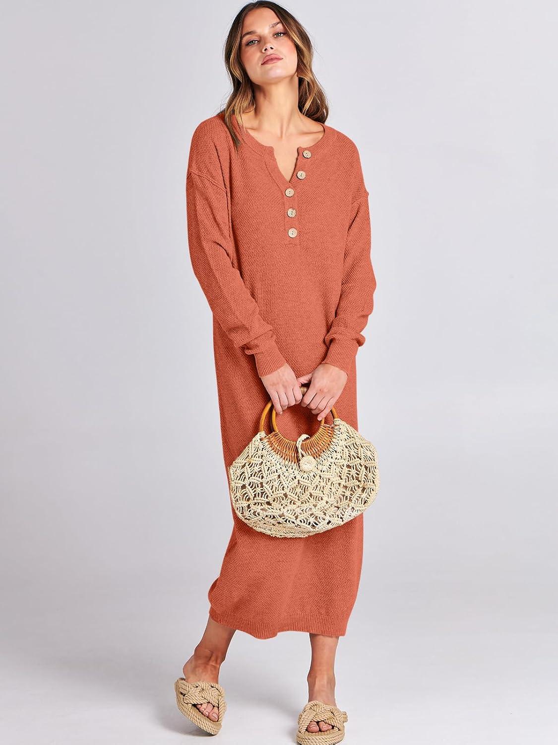 imageANRABESS Women Long Sleeve Button V Neck Oversized Casual Loose Fit Waffle Knit Fall Midi Sweater Dress 2025 Trendy OutfitsOrange