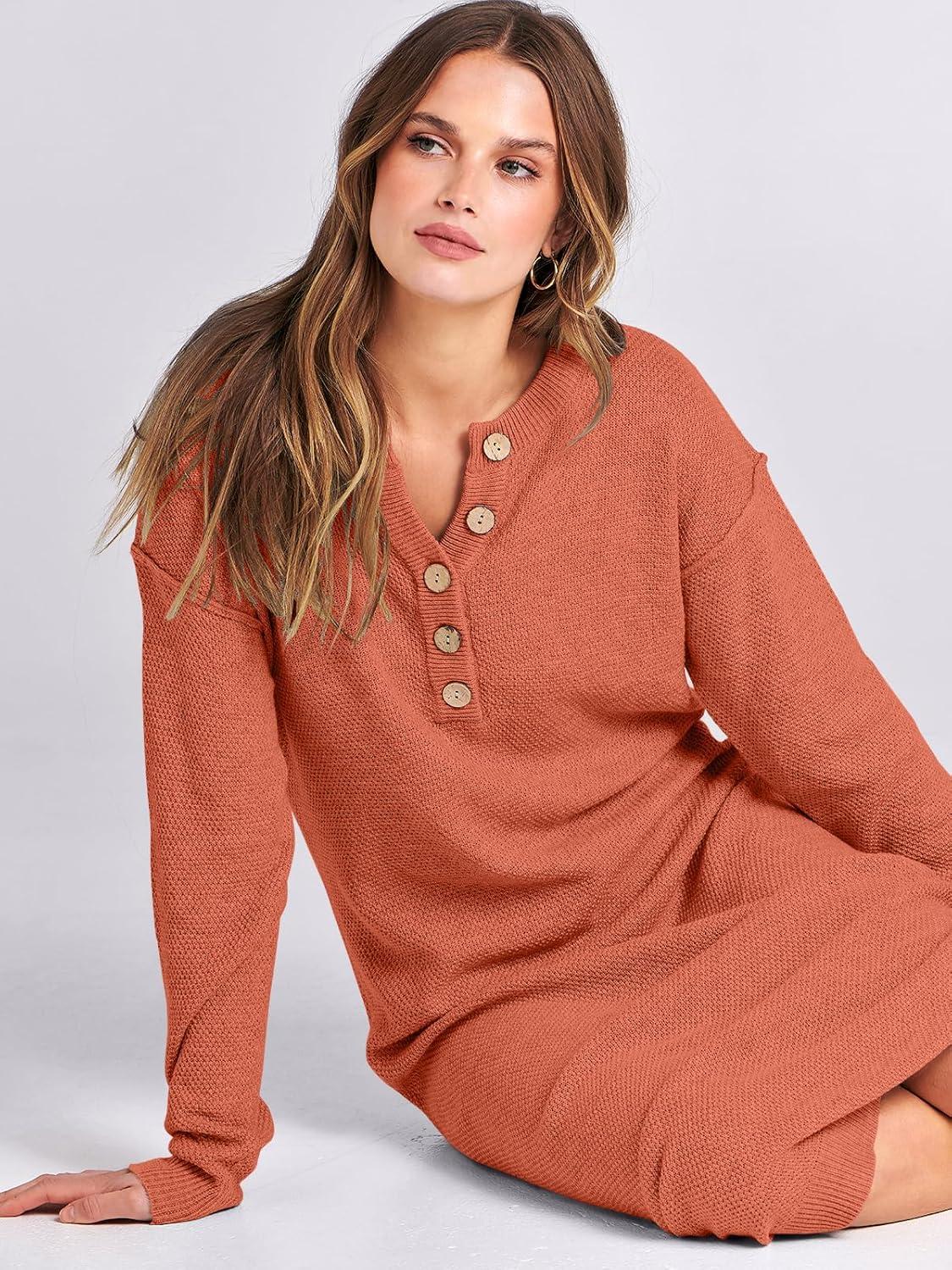 imageANRABESS Women Long Sleeve Button V Neck Oversized Casual Loose Fit Waffle Knit Fall Midi Sweater Dress 2025 Trendy OutfitsOrange
