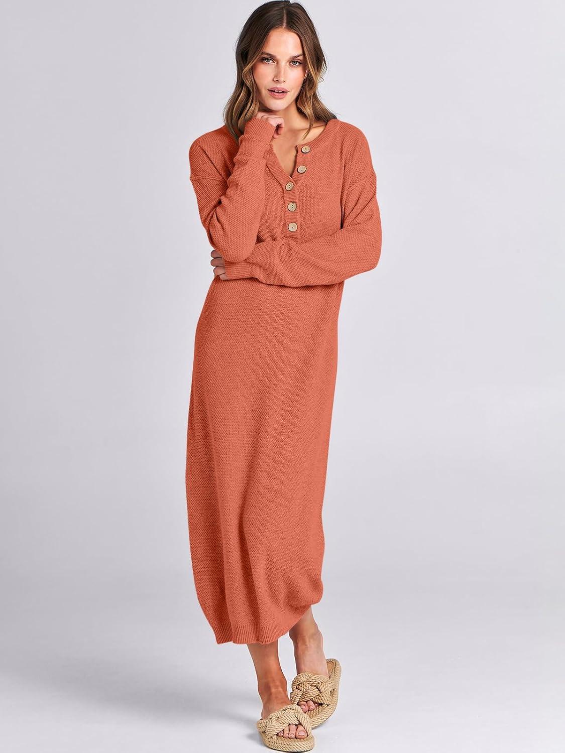 imageANRABESS Women Long Sleeve Button V Neck Oversized Casual Loose Fit Waffle Knit Fall Midi Sweater Dress 2025 Trendy OutfitsOrange
