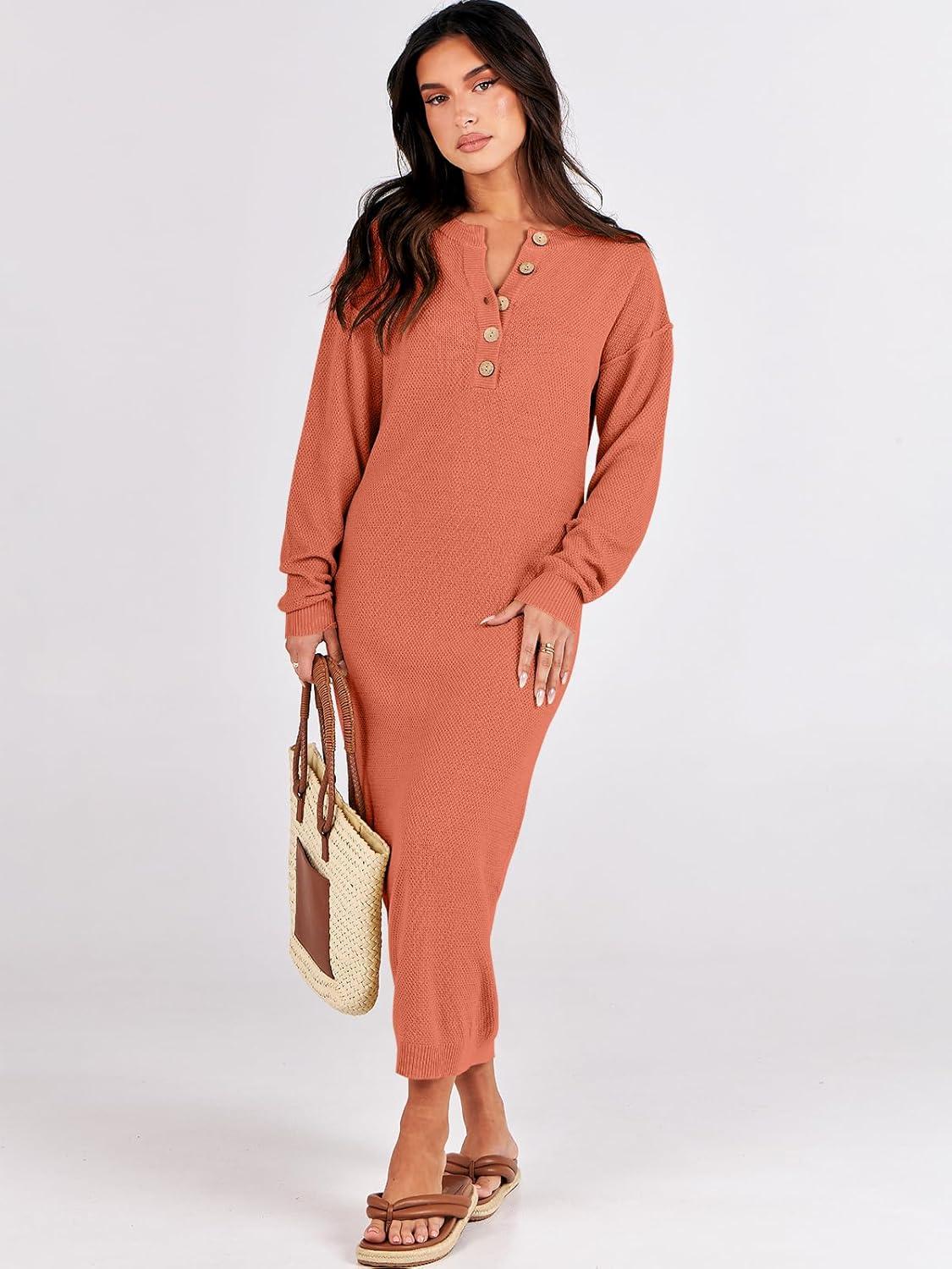 imageANRABESS Women Long Sleeve Button V Neck Oversized Casual Loose Fit Waffle Knit Fall Midi Sweater Dress 2025 Trendy OutfitsOrange