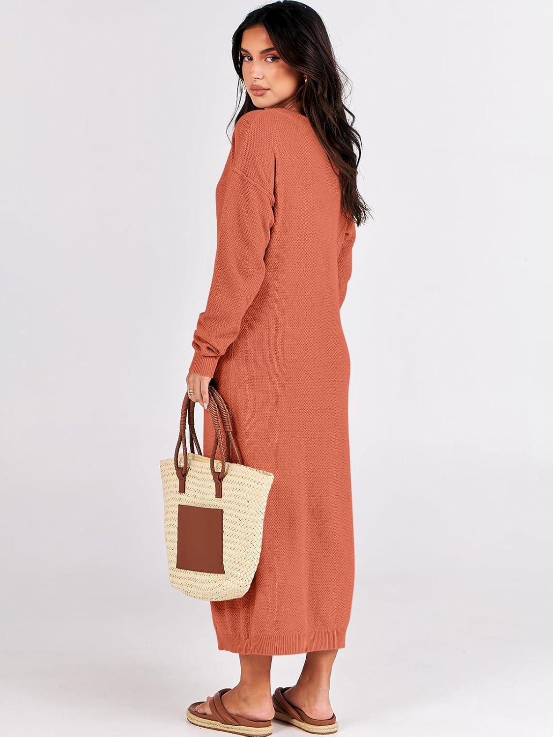 imageANRABESS Women Long Sleeve Button V Neck Oversized Casual Loose Fit Waffle Knit Fall Midi Sweater Dress 2025 Trendy OutfitsOrange