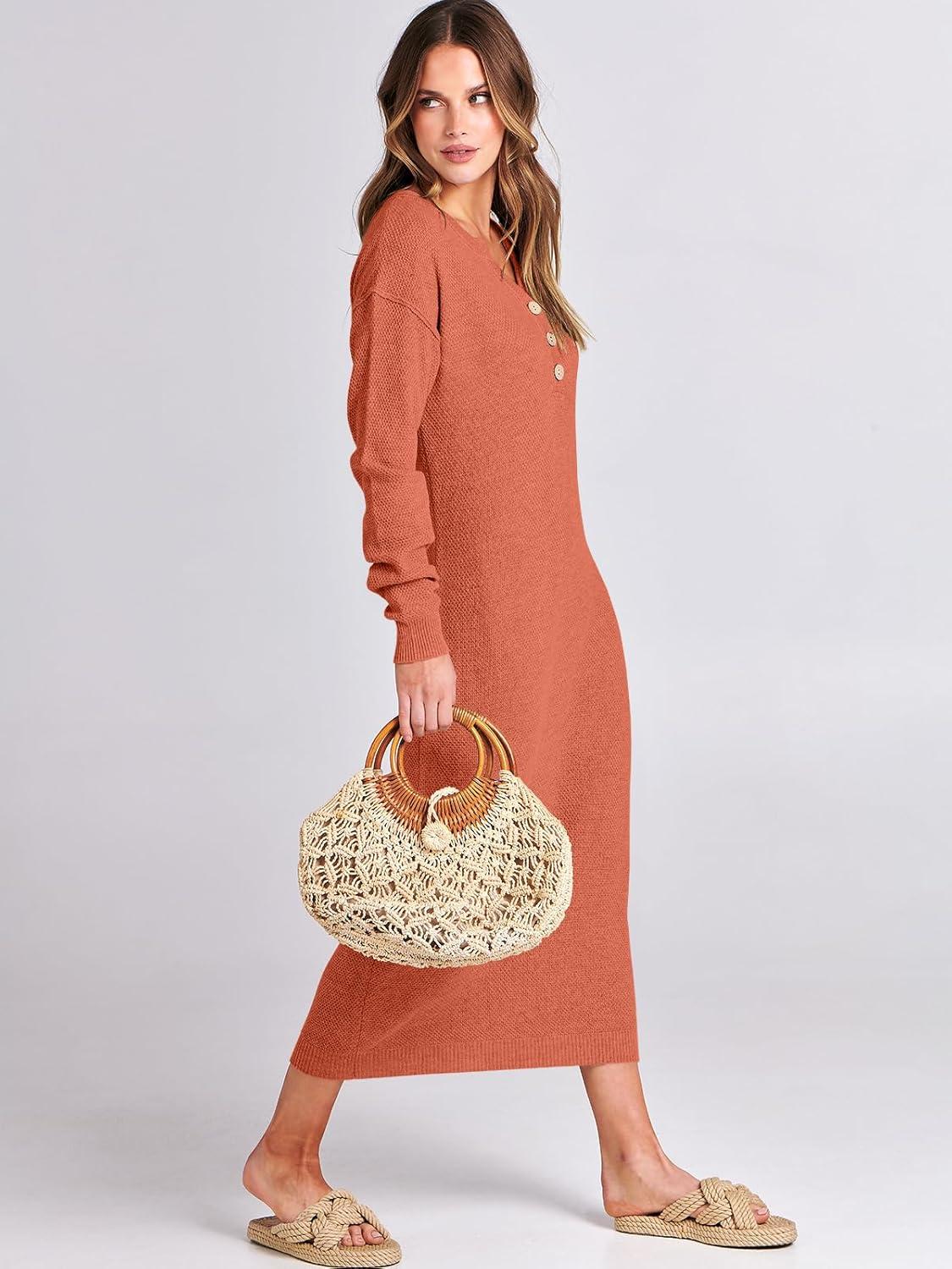 imageANRABESS Women Long Sleeve Button V Neck Oversized Casual Loose Fit Waffle Knit Fall Midi Sweater Dress 2025 Trendy OutfitsOrange