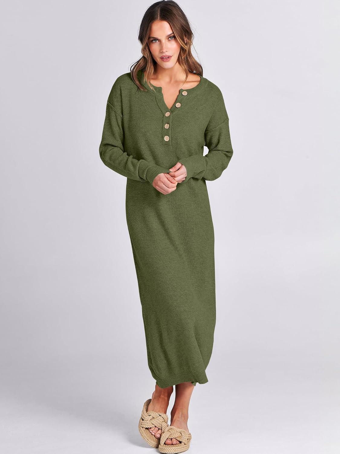 imageANRABESS Women Long Sleeve Button V Neck Oversized Casual Loose Fit Waffle Knit Fall Midi Sweater Dress 2025 Trendy OutfitsPea Green