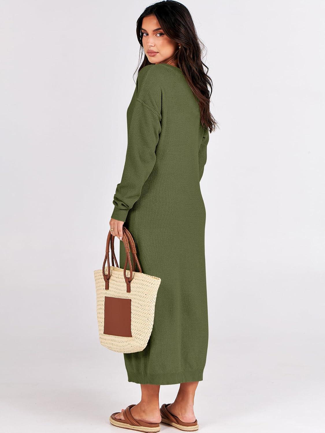 imageANRABESS Women Long Sleeve Button V Neck Oversized Casual Loose Fit Waffle Knit Fall Midi Sweater Dress 2025 Trendy OutfitsPea Green