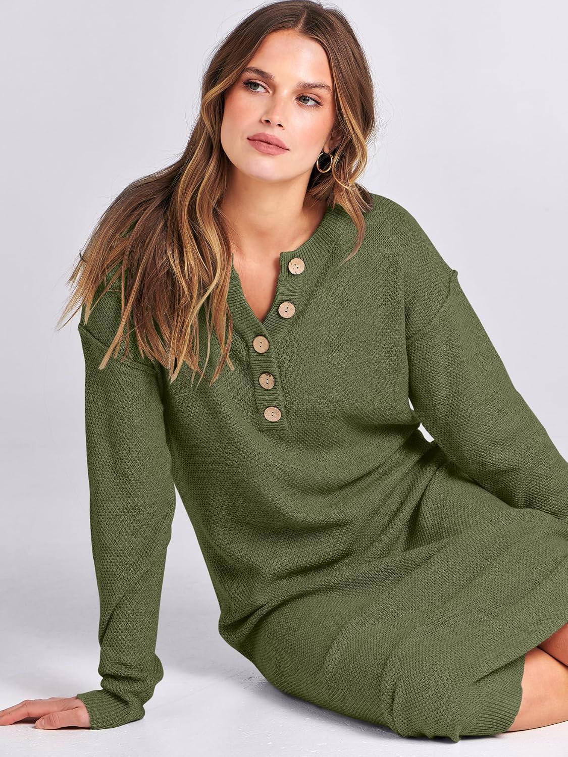 imageANRABESS Women Long Sleeve Button V Neck Oversized Casual Loose Fit Waffle Knit Fall Midi Sweater Dress 2025 Trendy OutfitsPea Green