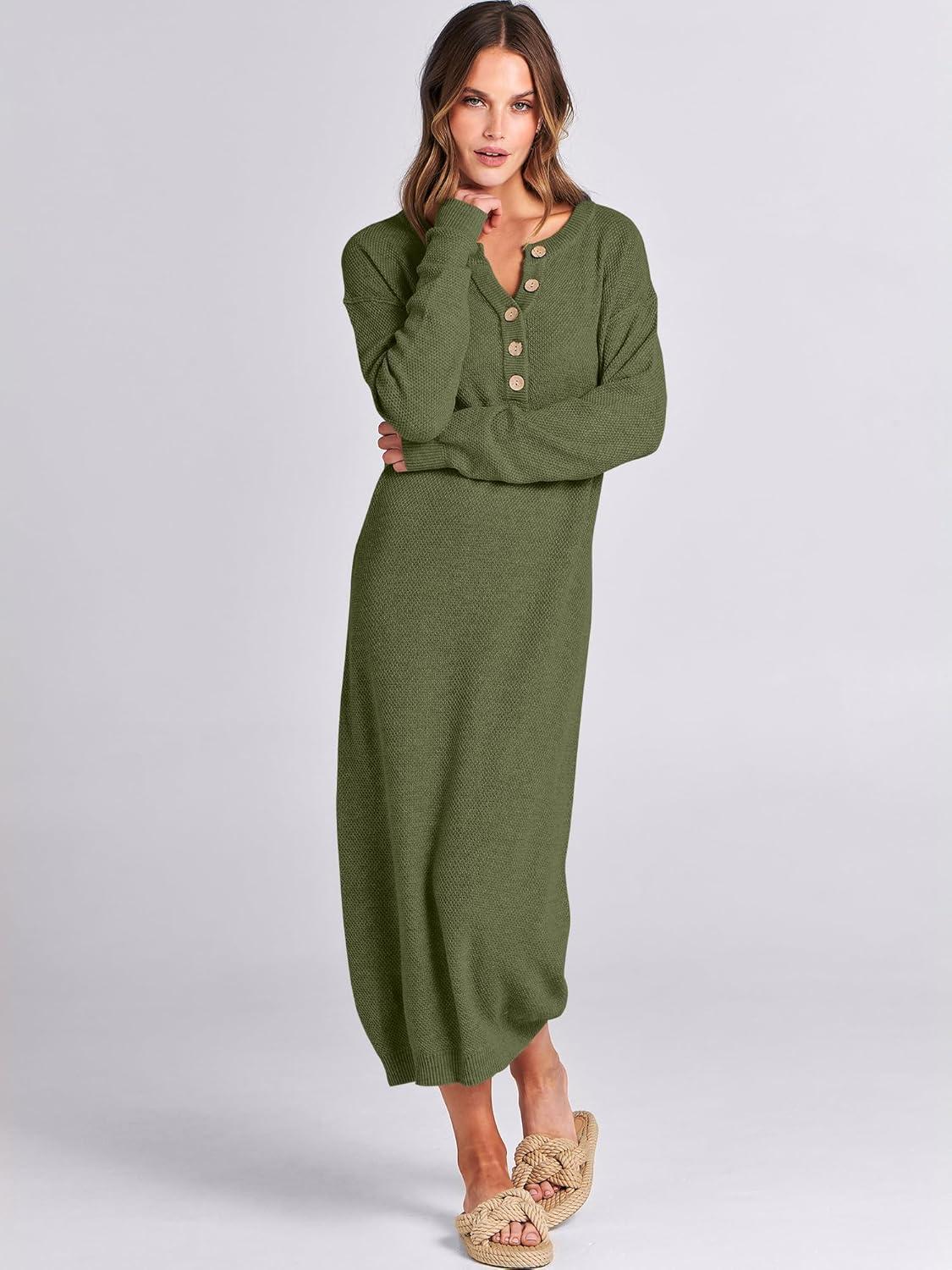 imageANRABESS Women Long Sleeve Button V Neck Oversized Casual Loose Fit Waffle Knit Fall Midi Sweater Dress 2025 Trendy OutfitsPea Green