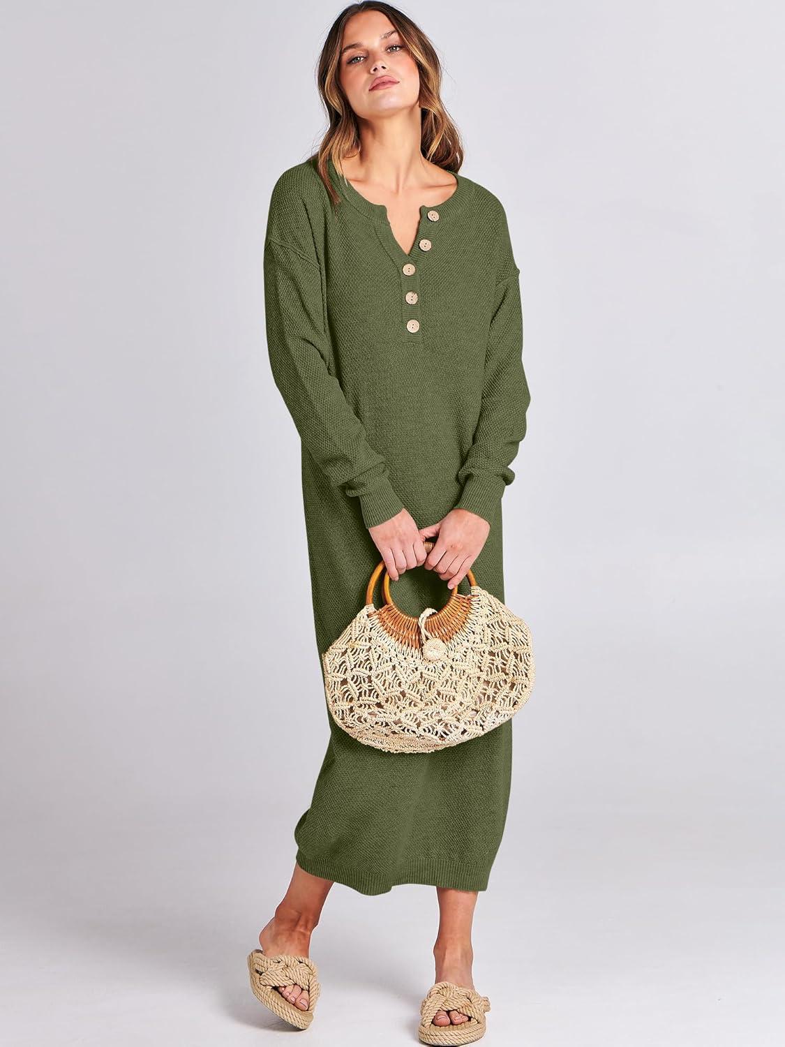 imageANRABESS Women Long Sleeve Button V Neck Oversized Casual Loose Fit Waffle Knit Fall Midi Sweater Dress 2025 Trendy OutfitsPea Green