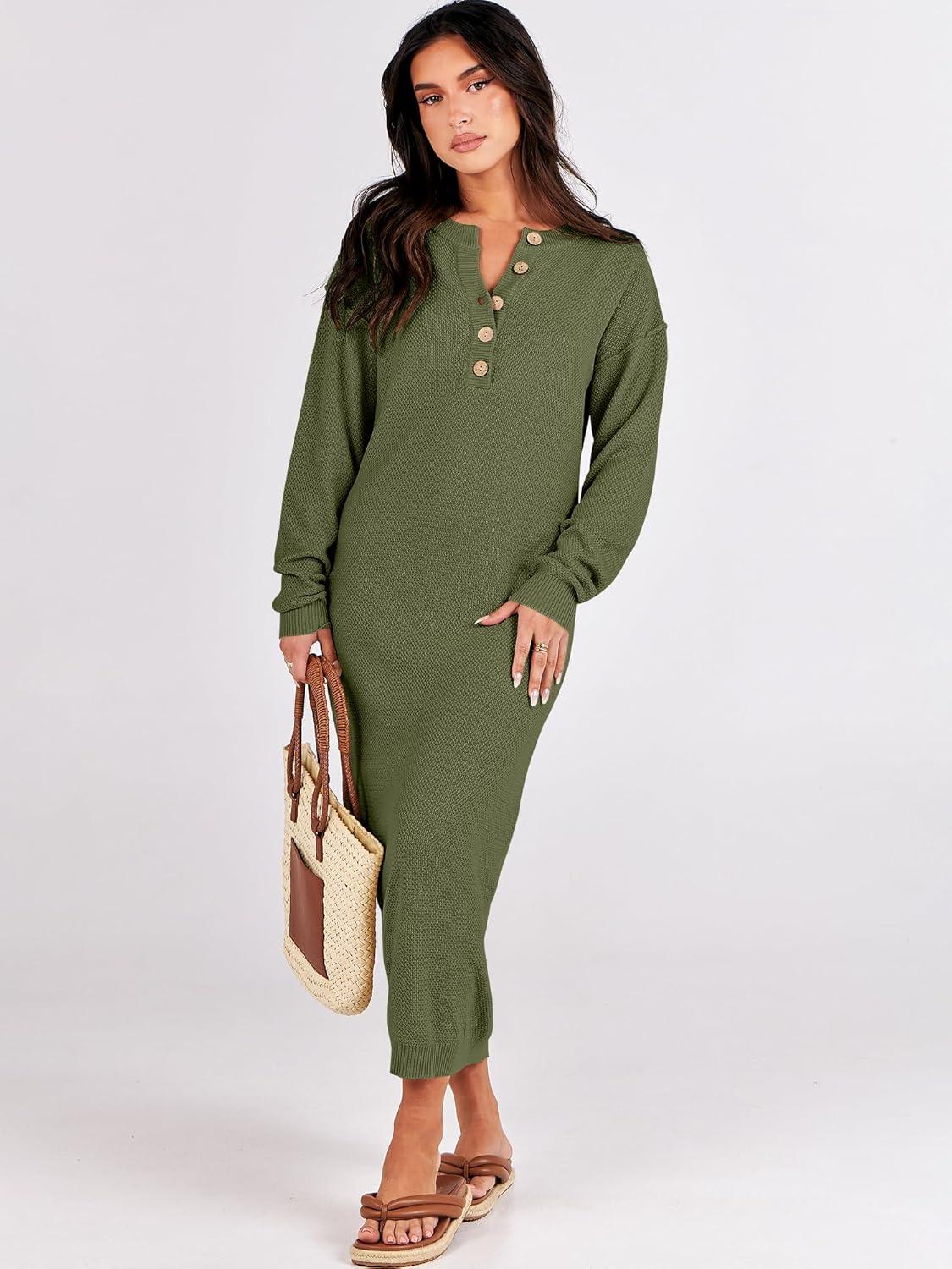 imageANRABESS Women Long Sleeve Button V Neck Oversized Casual Loose Fit Waffle Knit Fall Midi Sweater Dress 2025 Trendy OutfitsPea Green
