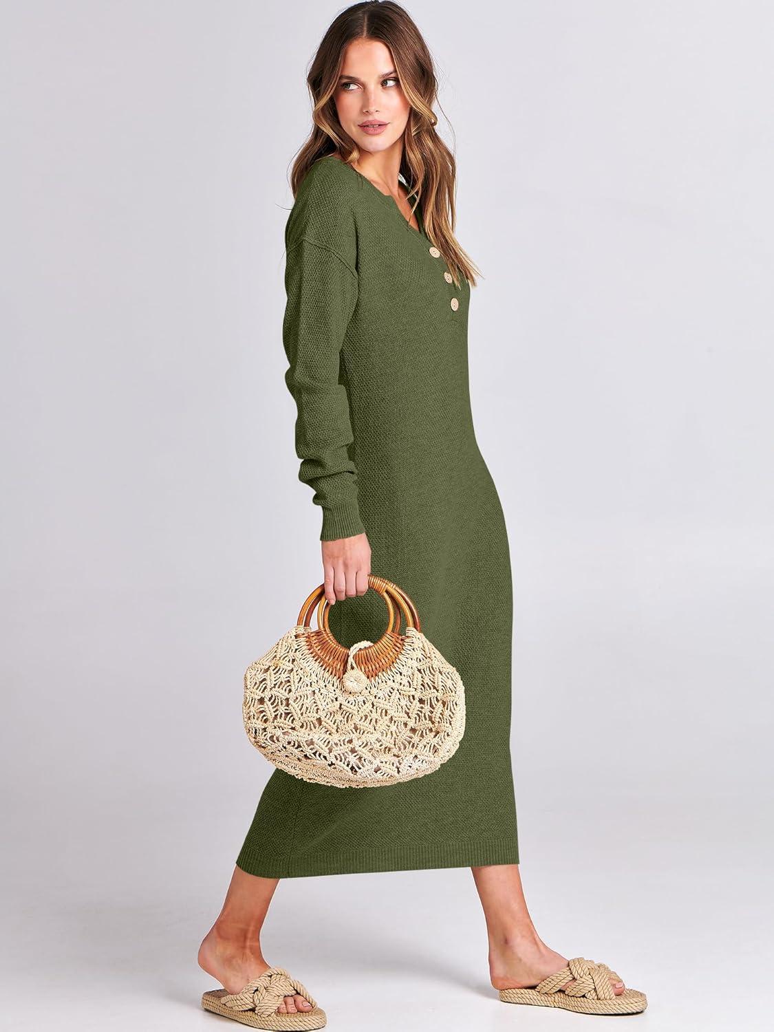 imageANRABESS Women Long Sleeve Button V Neck Oversized Casual Loose Fit Waffle Knit Fall Midi Sweater Dress 2025 Trendy OutfitsPea Green