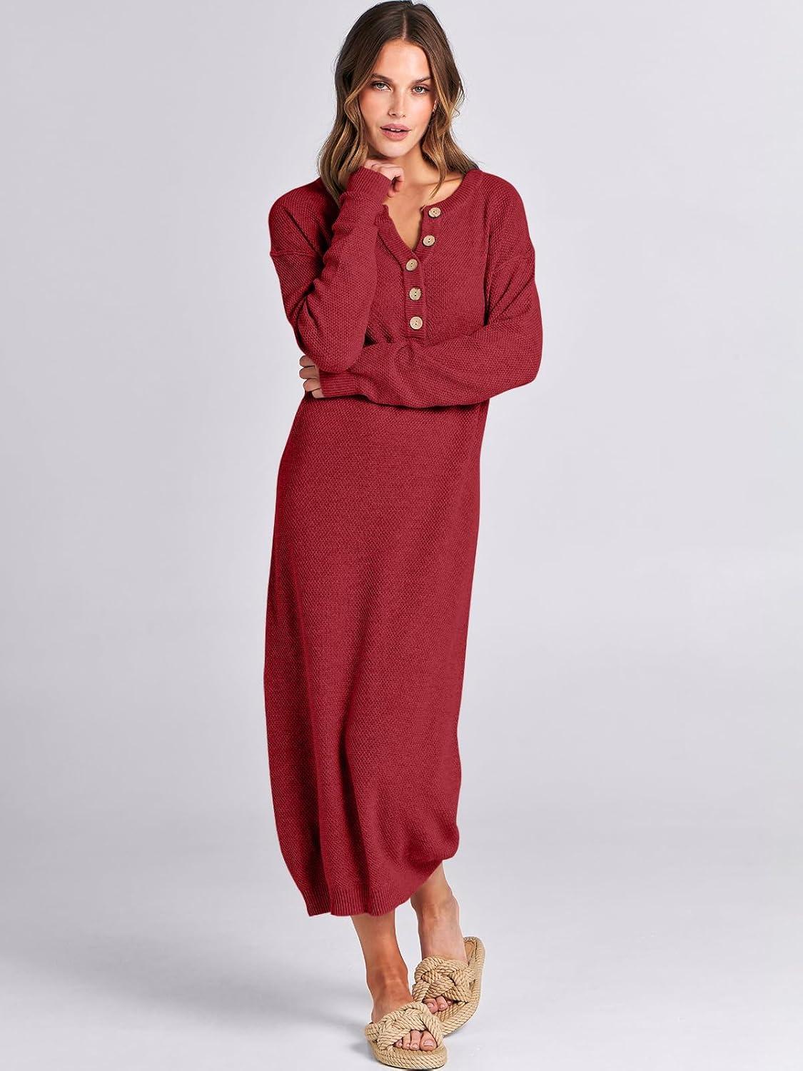 imageANRABESS Women Long Sleeve Button V Neck Oversized Casual Loose Fit Waffle Knit Fall Midi Sweater Dress 2025 Trendy OutfitsRed