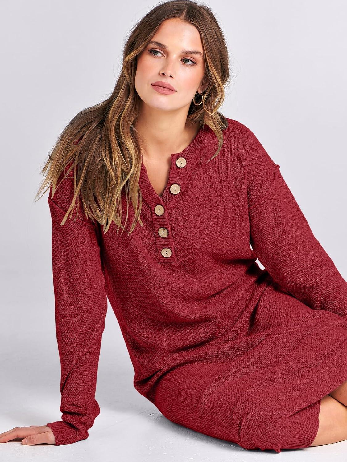 imageANRABESS Women Long Sleeve Button V Neck Oversized Casual Loose Fit Waffle Knit Fall Midi Sweater Dress 2025 Trendy OutfitsRed