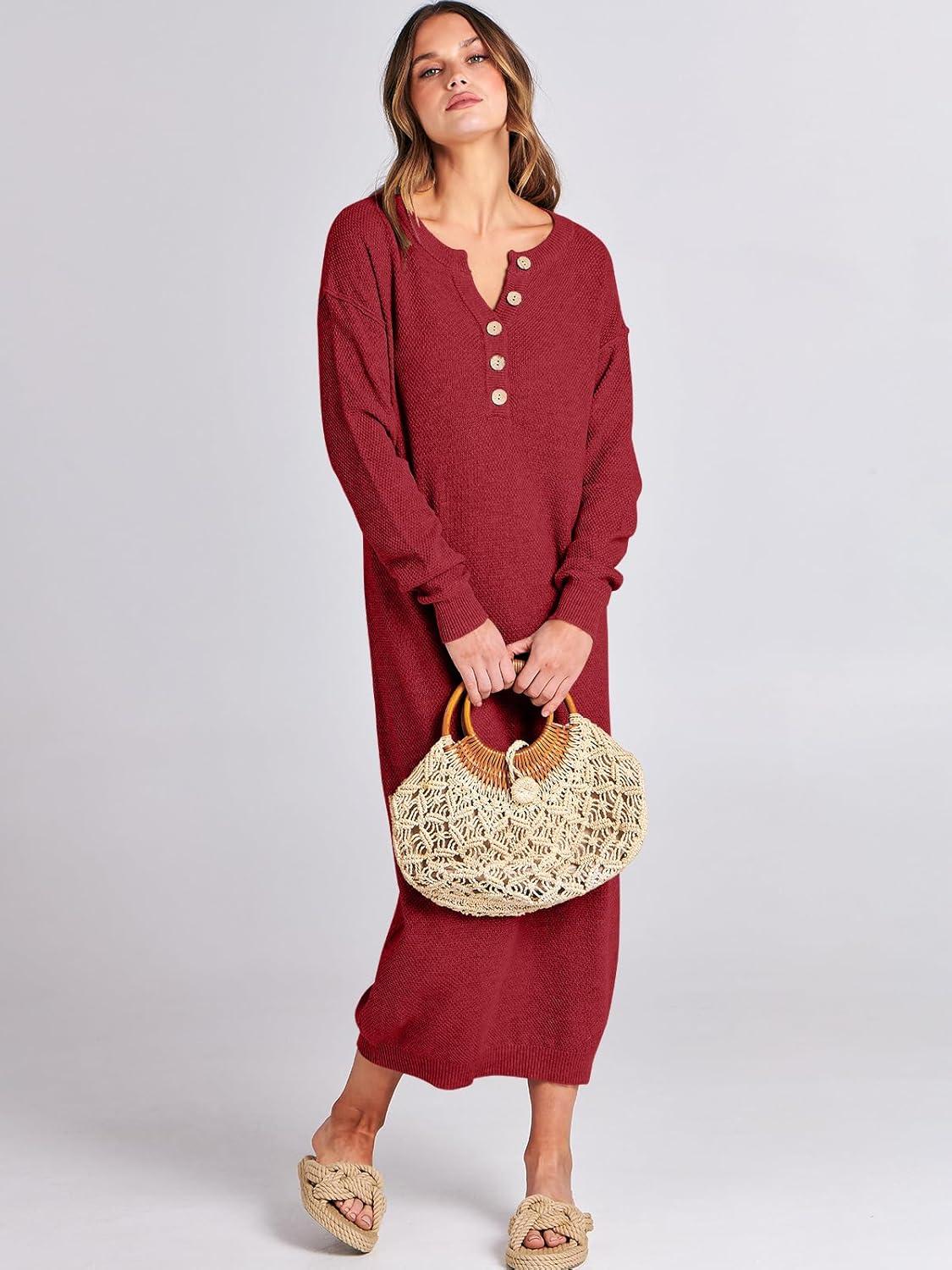 imageANRABESS Women Long Sleeve Button V Neck Oversized Casual Loose Fit Waffle Knit Fall Midi Sweater Dress 2025 Trendy OutfitsRed