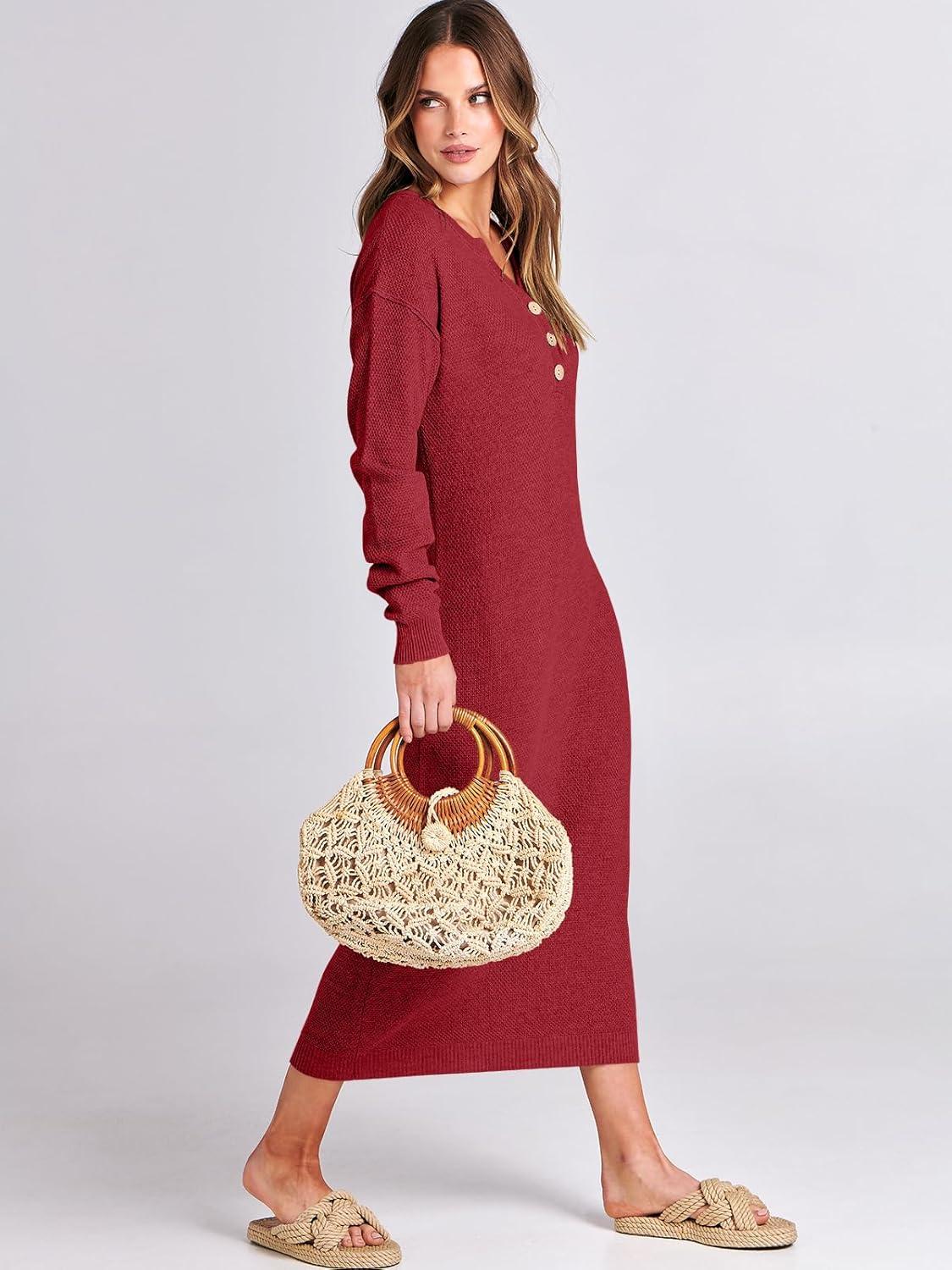 imageANRABESS Women Long Sleeve Button V Neck Oversized Casual Loose Fit Waffle Knit Fall Midi Sweater Dress 2025 Trendy OutfitsRed