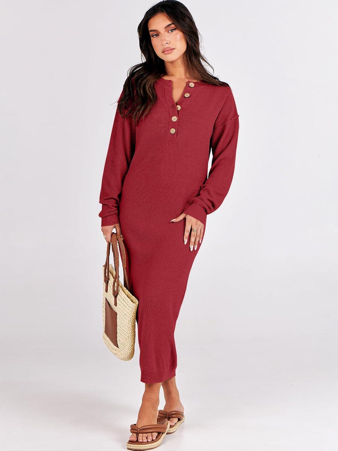 imageANRABESS Women Long Sleeve Button V Neck Oversized Casual Loose Fit Waffle Knit Fall Midi Sweater Dress 2025 Trendy OutfitsRed