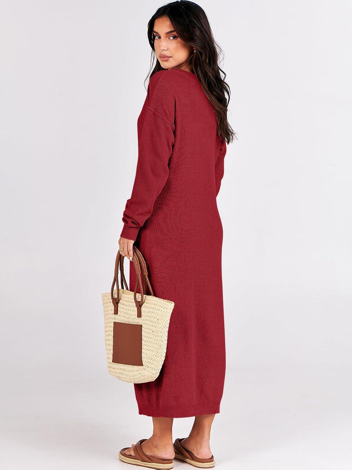 imageANRABESS Women Long Sleeve Button V Neck Oversized Casual Loose Fit Waffle Knit Fall Midi Sweater Dress 2025 Trendy OutfitsRed