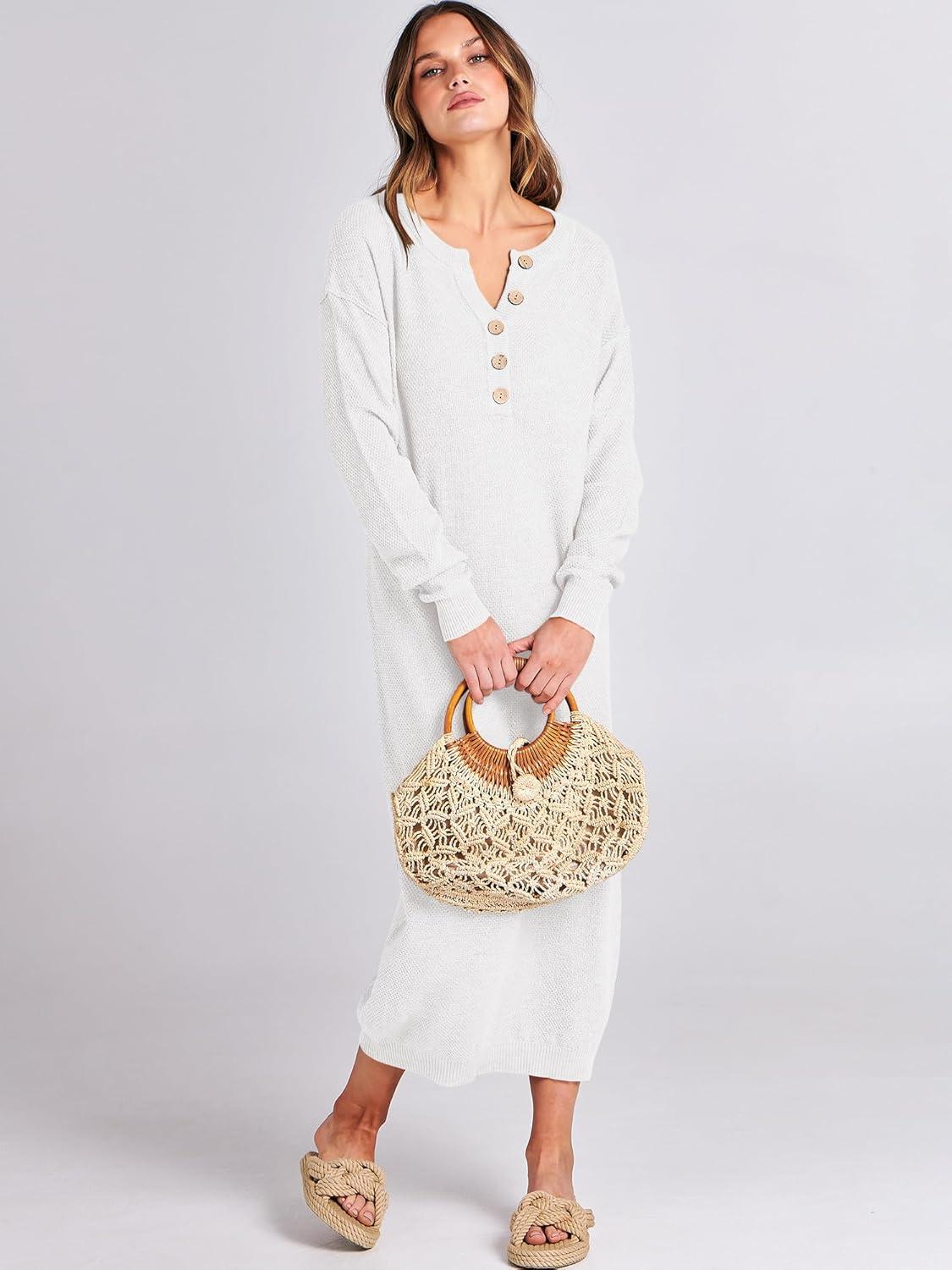 imageANRABESS Women Long Sleeve Button V Neck Oversized Casual Loose Fit Waffle Knit Fall Midi Sweater Dress 2025 Trendy OutfitsWhite