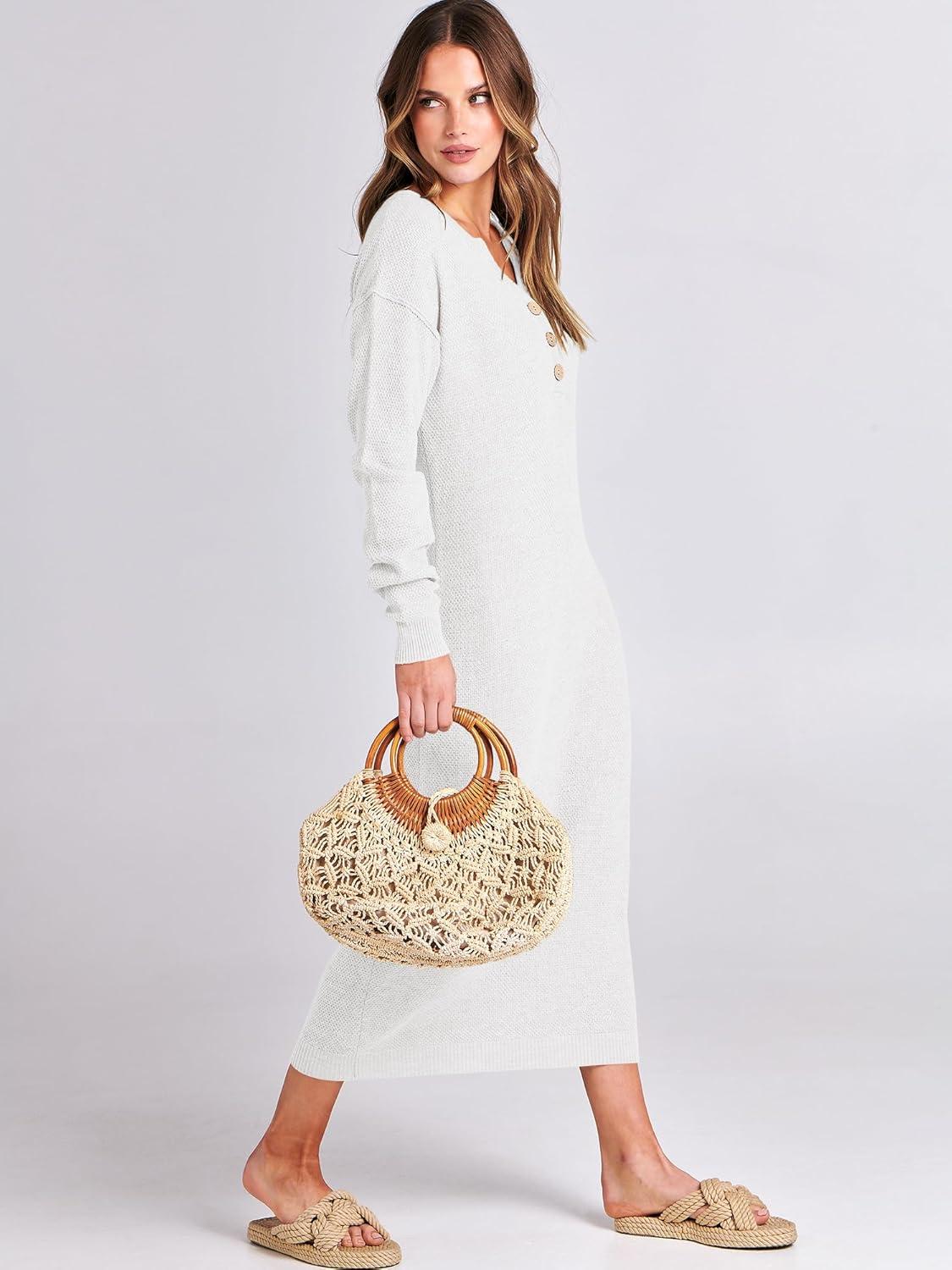 imageANRABESS Women Long Sleeve Button V Neck Oversized Casual Loose Fit Waffle Knit Fall Midi Sweater Dress 2025 Trendy OutfitsWhite