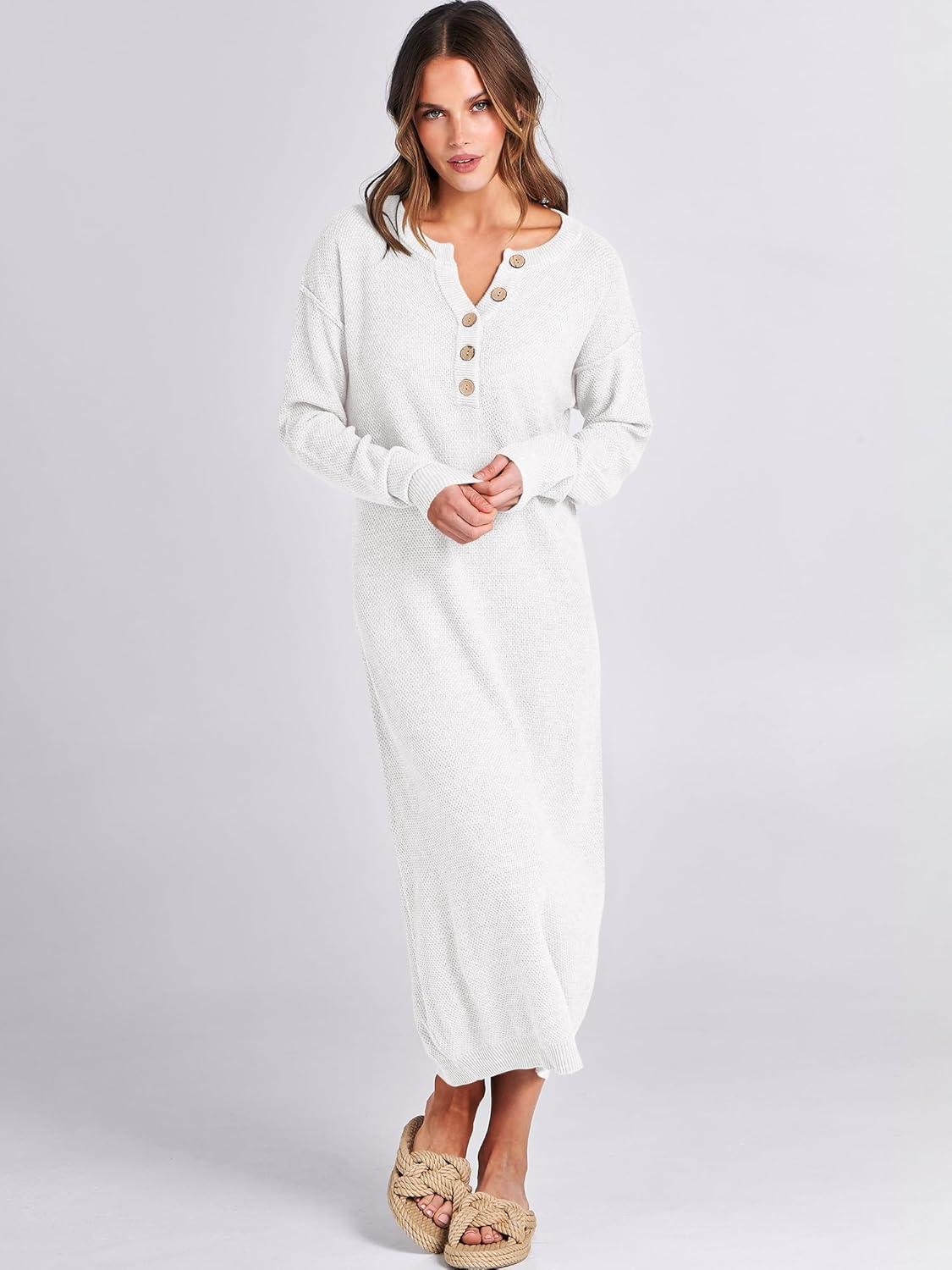 imageANRABESS Women Long Sleeve Button V Neck Oversized Casual Loose Fit Waffle Knit Fall Midi Sweater Dress 2025 Trendy OutfitsWhite