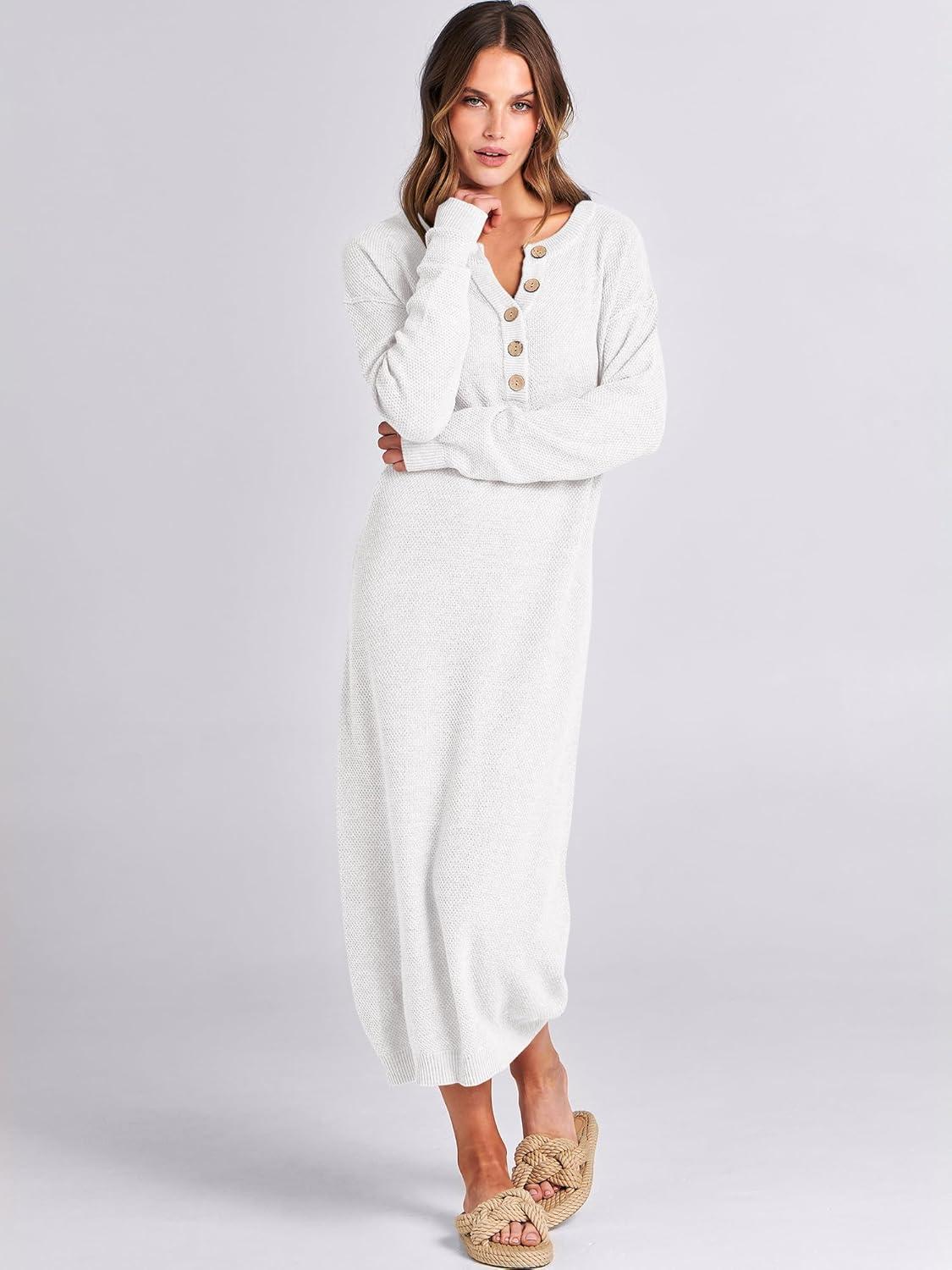 imageANRABESS Women Long Sleeve Button V Neck Oversized Casual Loose Fit Waffle Knit Fall Midi Sweater Dress 2025 Trendy OutfitsWhite