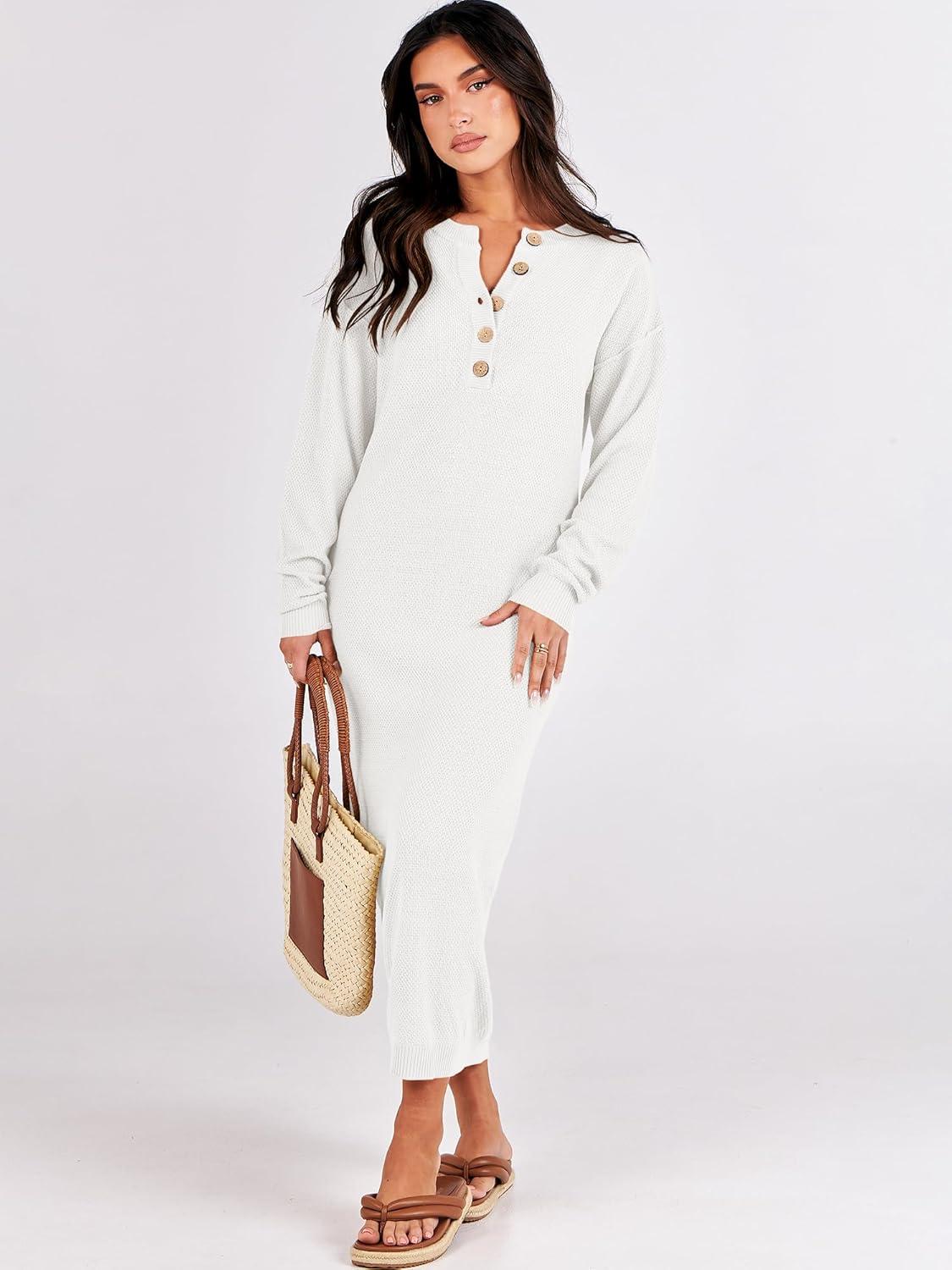 imageANRABESS Women Long Sleeve Button V Neck Oversized Casual Loose Fit Waffle Knit Fall Midi Sweater Dress 2025 Trendy OutfitsWhite