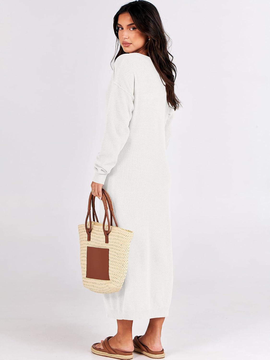 imageANRABESS Women Long Sleeve Button V Neck Oversized Casual Loose Fit Waffle Knit Fall Midi Sweater Dress 2025 Trendy OutfitsWhite