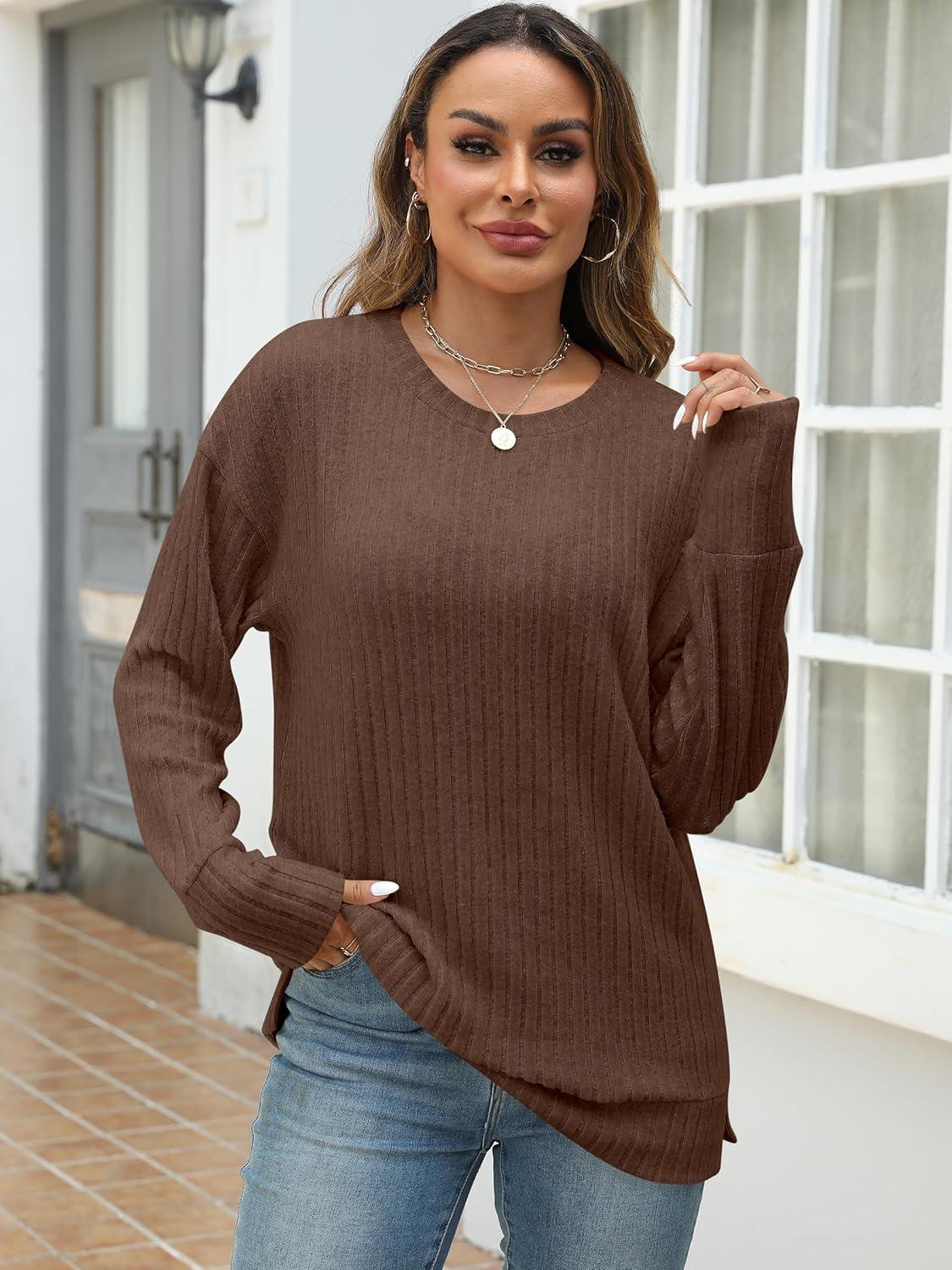 imageANRABESS Women Long Sleeve Shirts Business Casual Tunic Tops Fall Lightweight Sweaters Dressy Blouses 2025 Fashion OutfitsBrown