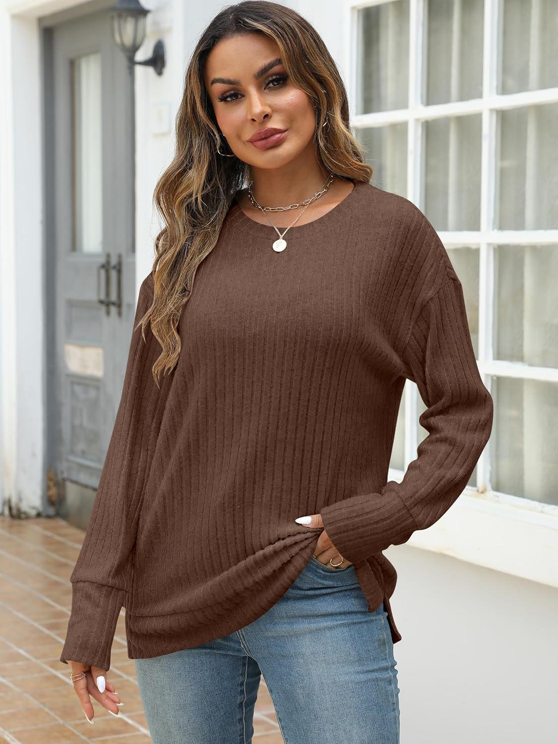 imageANRABESS Women Long Sleeve Shirts Business Casual Tunic Tops Fall Lightweight Sweaters Dressy Blouses 2025 Fashion OutfitsBrown
