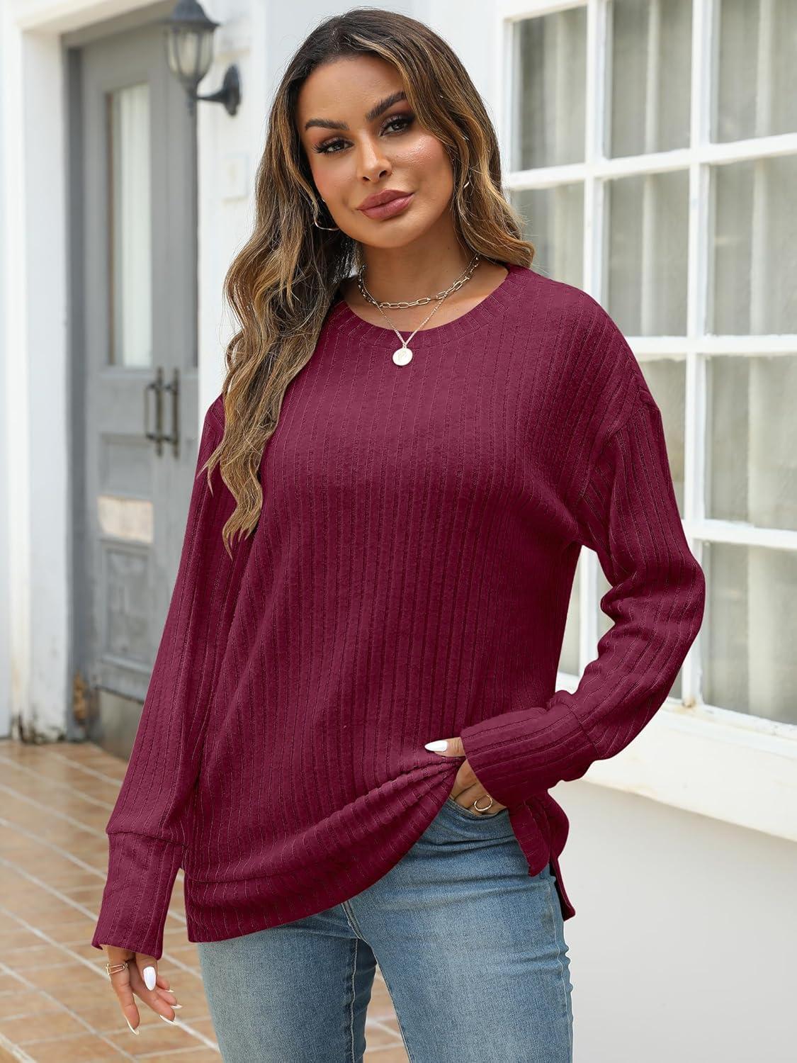imageANRABESS Women Long Sleeve Shirts Business Casual Tunic Tops Fall Lightweight Sweaters Dressy Blouses 2025 Fashion OutfitsBurgundy