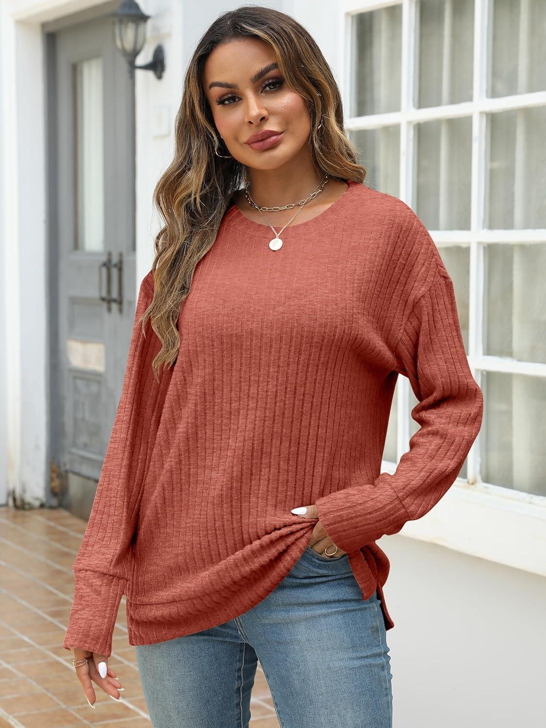 imageANRABESS Women Long Sleeve Shirts Business Casual Tunic Tops Fall Lightweight Sweaters Dressy Blouses 2025 Fashion OutfitsBurnt Orange