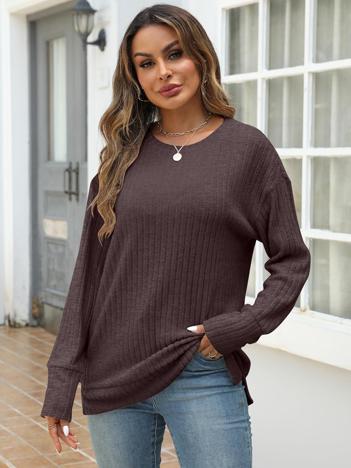 imageANRABESS Women Long Sleeve Shirts Business Casual Tunic Tops Fall Lightweight Sweaters Dressy Blouses 2025 Fashion OutfitsChocolate Brown