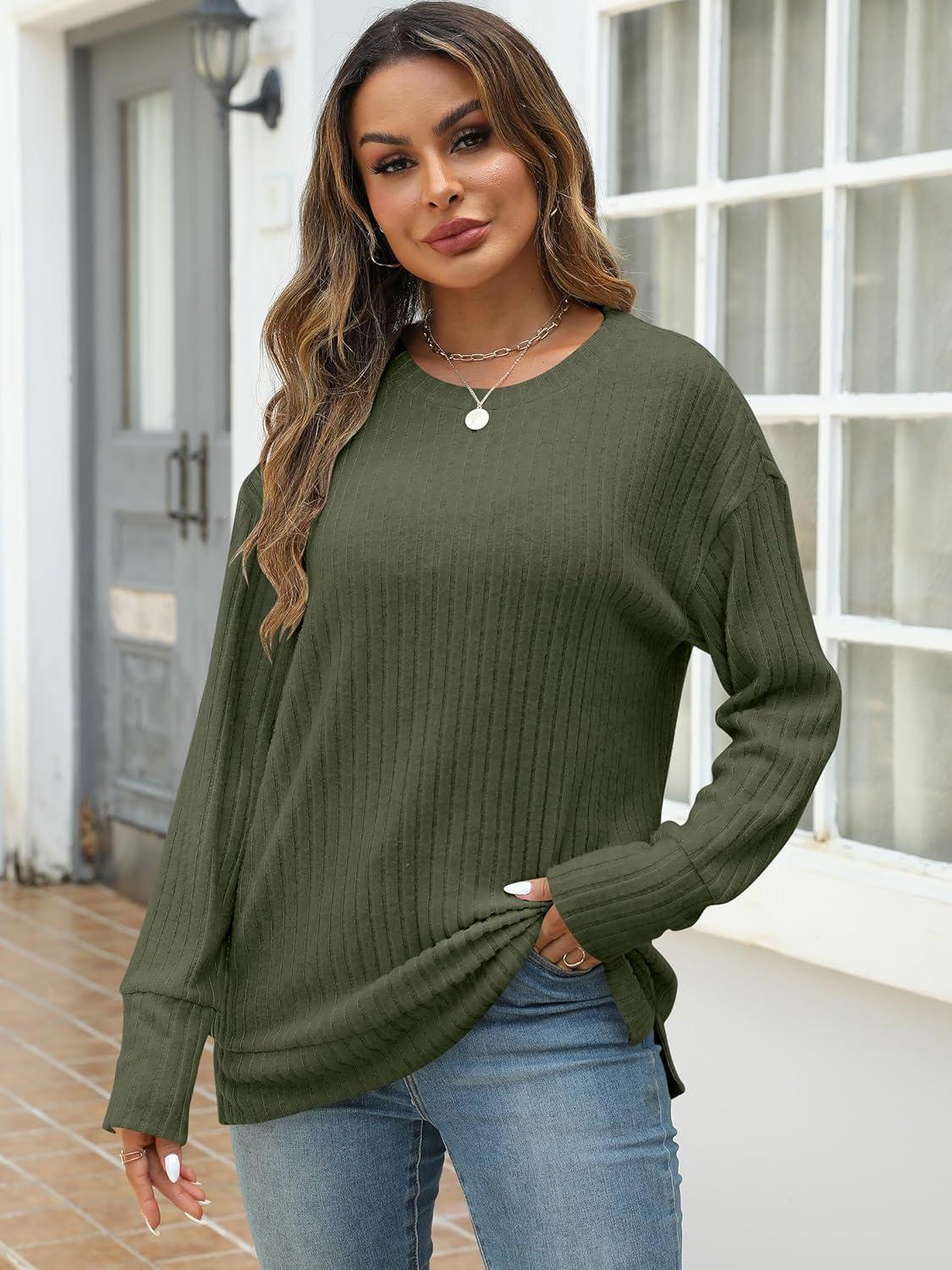 imageANRABESS Women Long Sleeve Shirts Business Casual Tunic Tops Fall Lightweight Sweaters Dressy Blouses 2025 Fashion OutfitsDeep Green