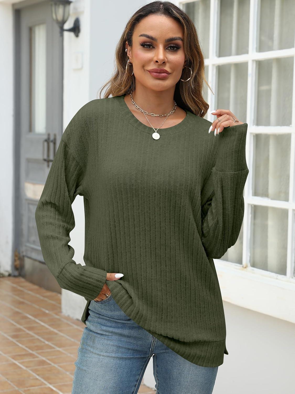 imageANRABESS Women Long Sleeve Shirts Business Casual Tunic Tops Fall Lightweight Sweaters Dressy Blouses 2025 Fashion OutfitsDeep Green