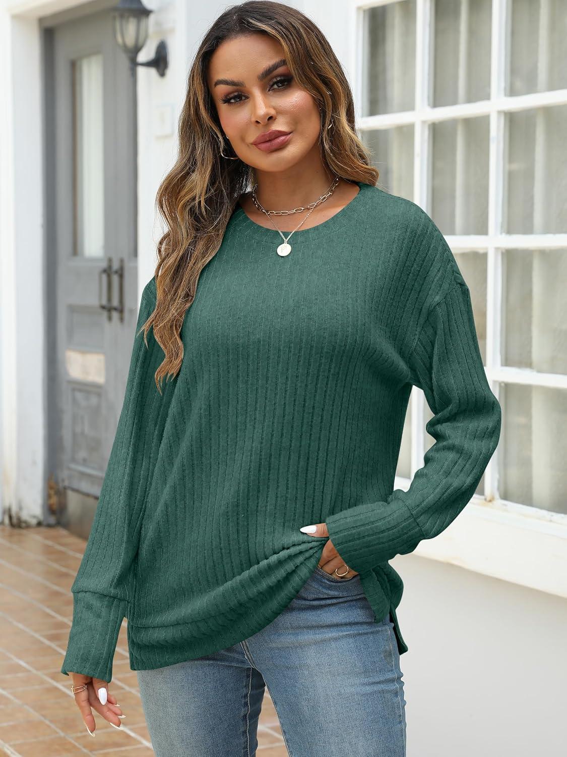 imageANRABESS Women Long Sleeve Shirts Business Casual Tunic Tops Fall Lightweight Sweaters Dressy Blouses 2025 Fashion OutfitsGreen