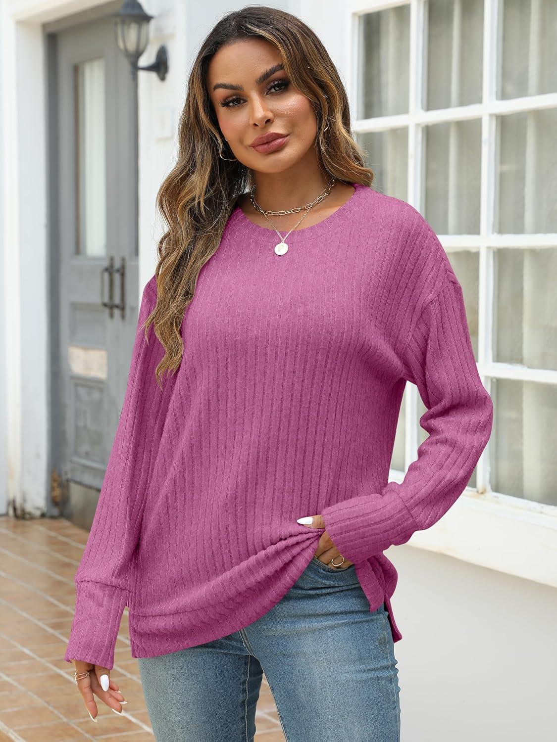 imageANRABESS Women Long Sleeve Shirts Business Casual Tunic Tops Fall Lightweight Sweaters Dressy Blouses 2025 Fashion OutfitsHot Pink