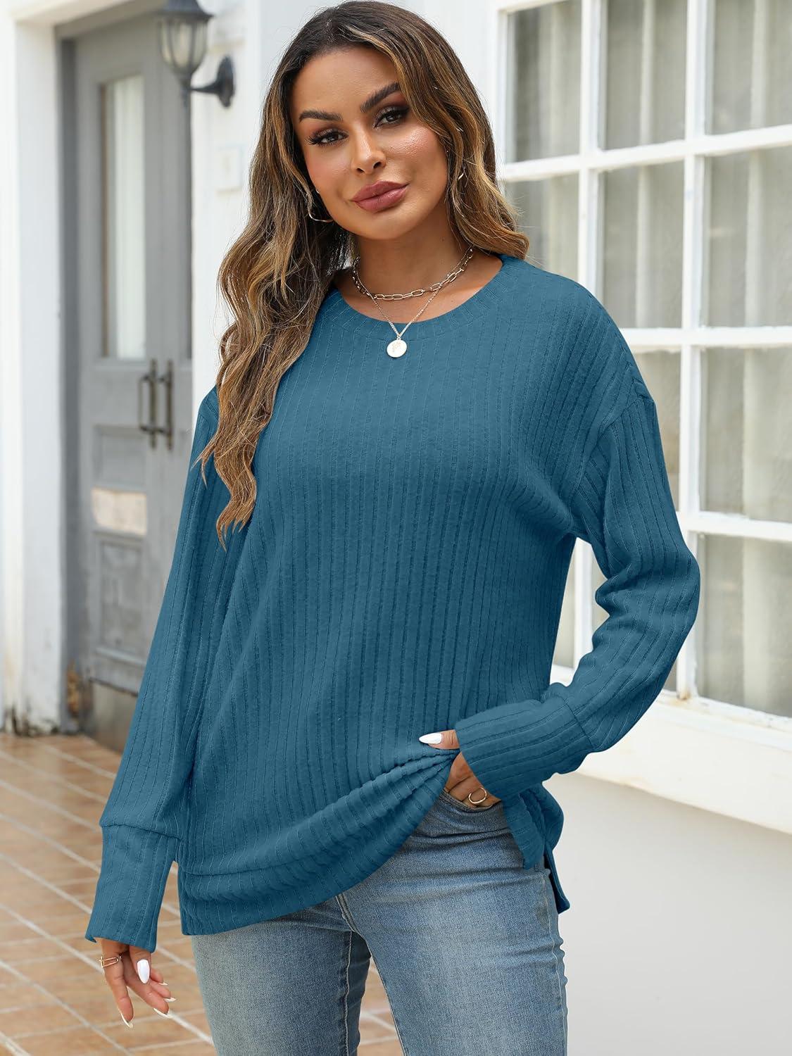 imageANRABESS Women Long Sleeve Shirts Business Casual Tunic Tops Fall Lightweight Sweaters Dressy Blouses 2025 Fashion OutfitsLake Blue