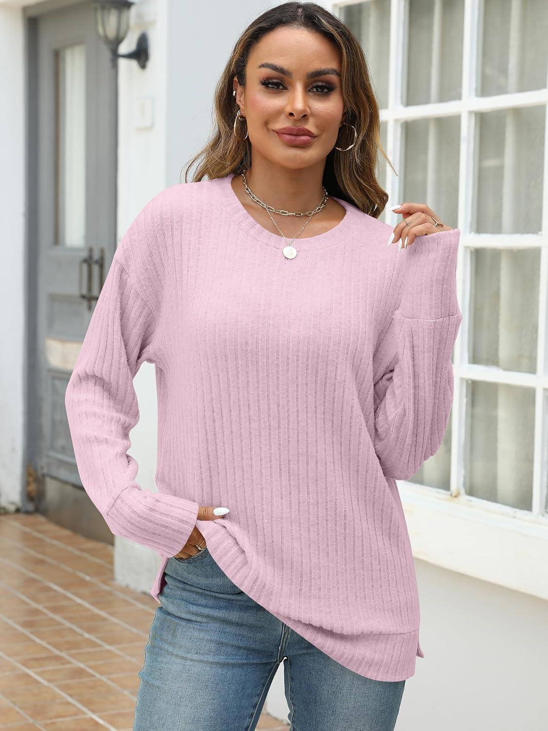 imageANRABESS Women Long Sleeve Shirts Business Casual Tunic Tops Fall Lightweight Sweaters Dressy Blouses 2025 Fashion OutfitsPink