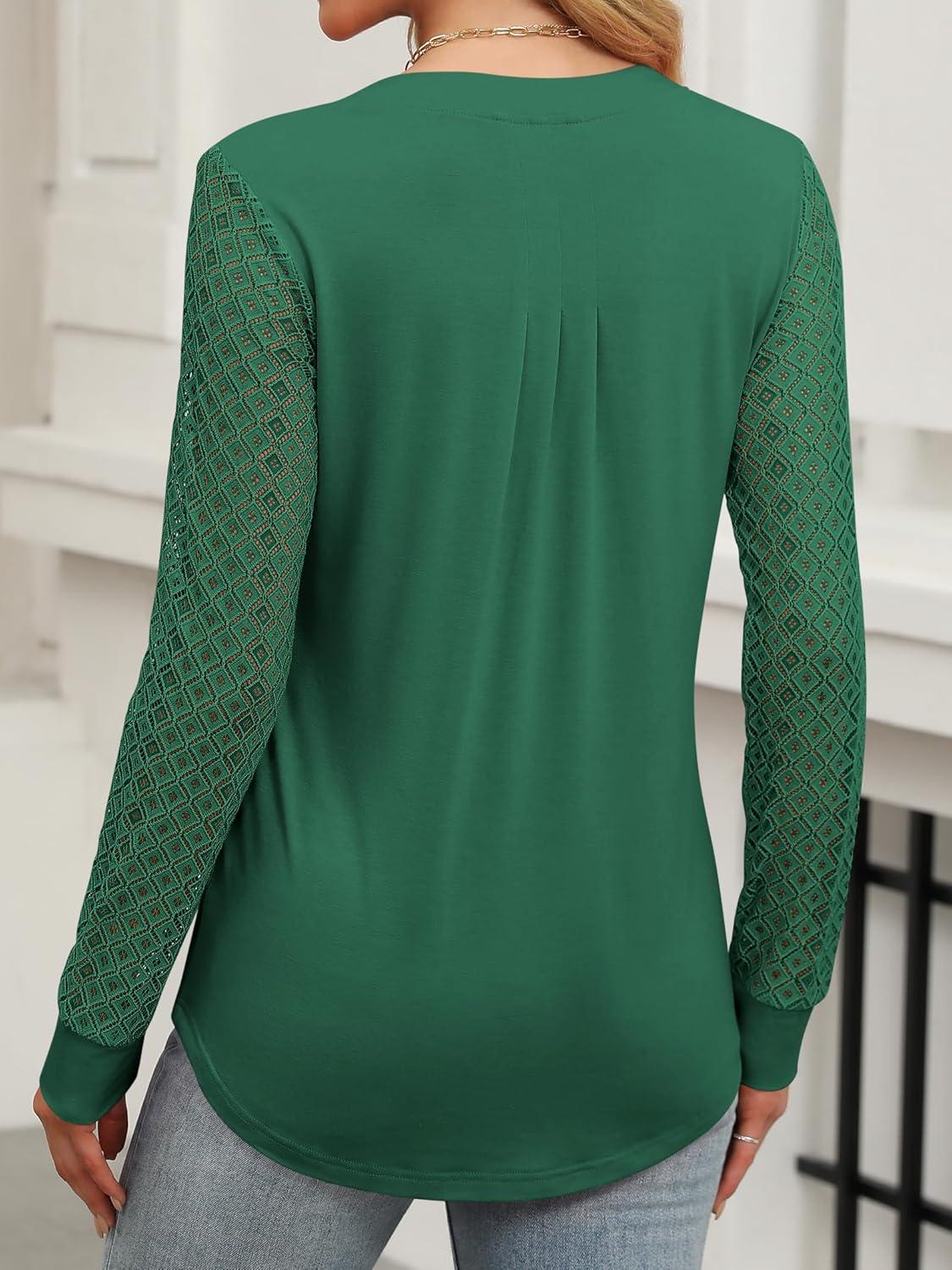 imageANRABESS Women Long Sleeve Shirts V Neck Pleated Tunic Top Business Dressy Casual Blouse 2025 Fall Fashion OutfitsGreen