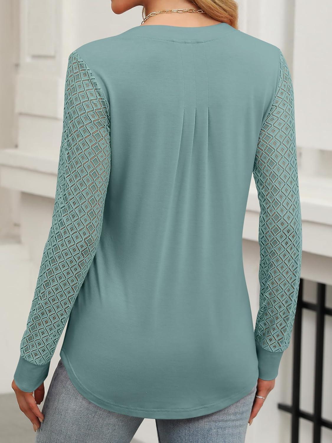 imageANRABESS Women Long Sleeve Shirts V Neck Pleated Tunic Top Business Dressy Casual Blouse 2025 Fall Fashion OutfitsLake Green